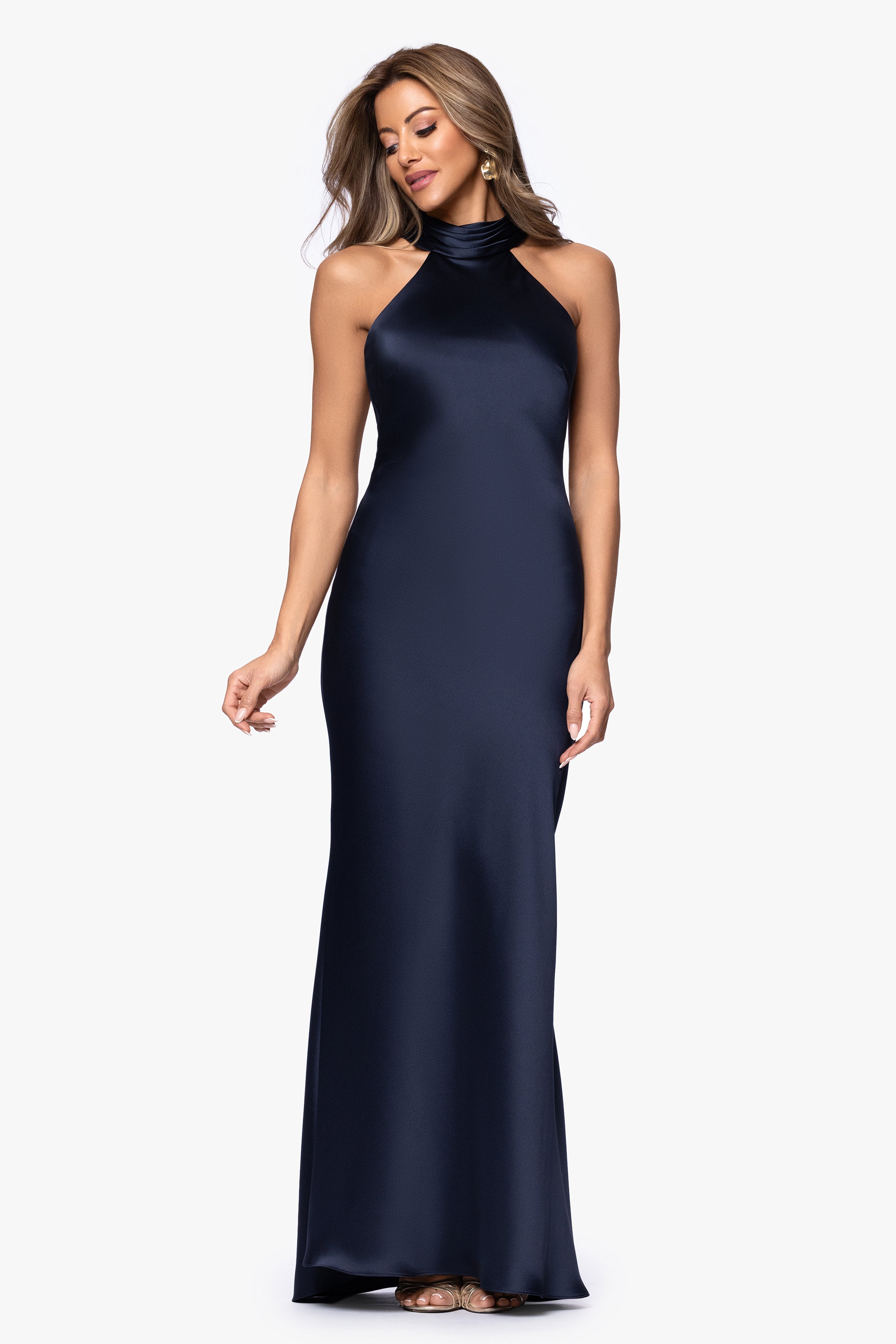 "Ruth" Satin High Tie Neck Backless Floor Length Dress
