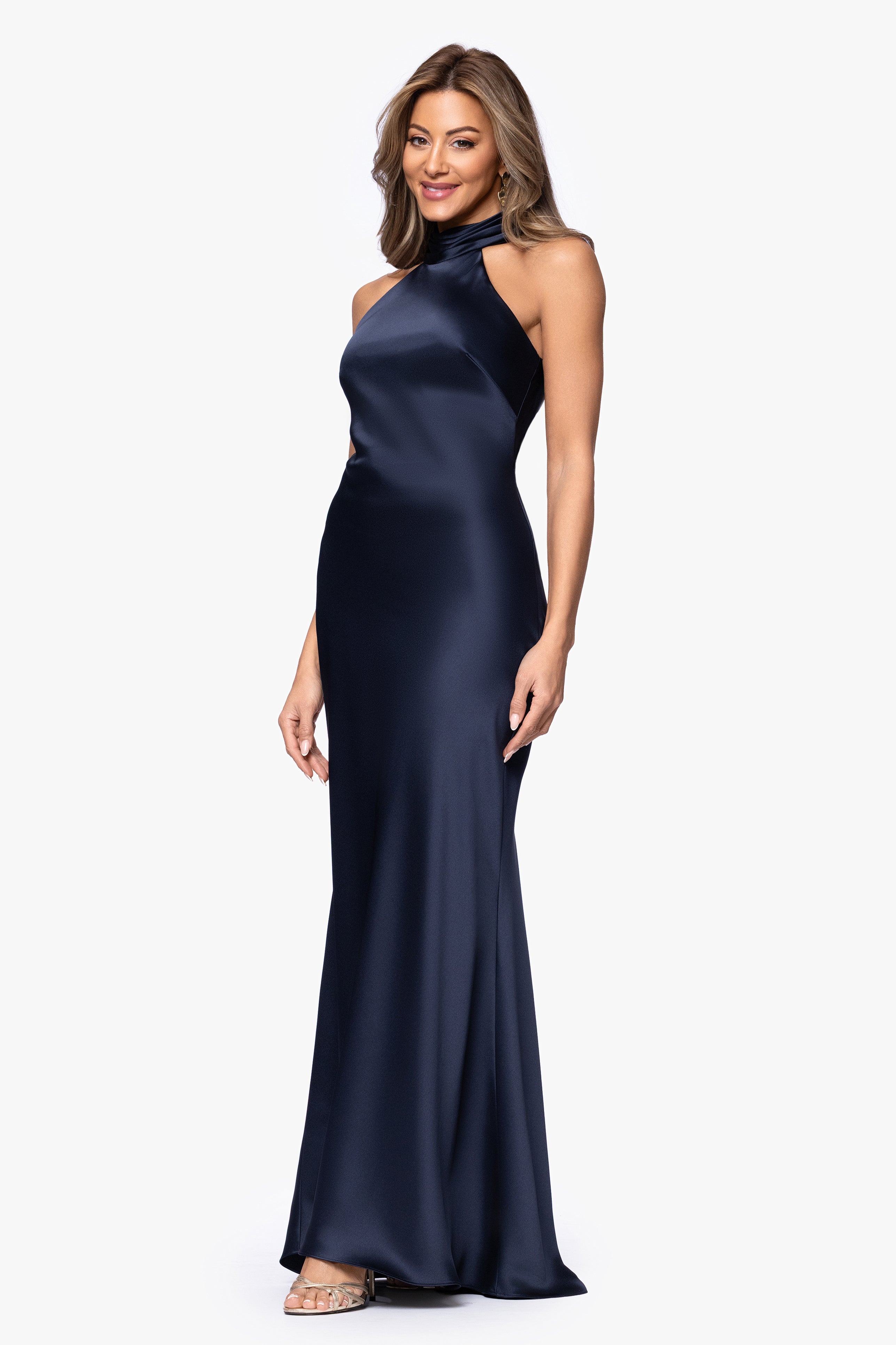 "Ruth" Satin High Tie Neck Backless Floor Length Dress