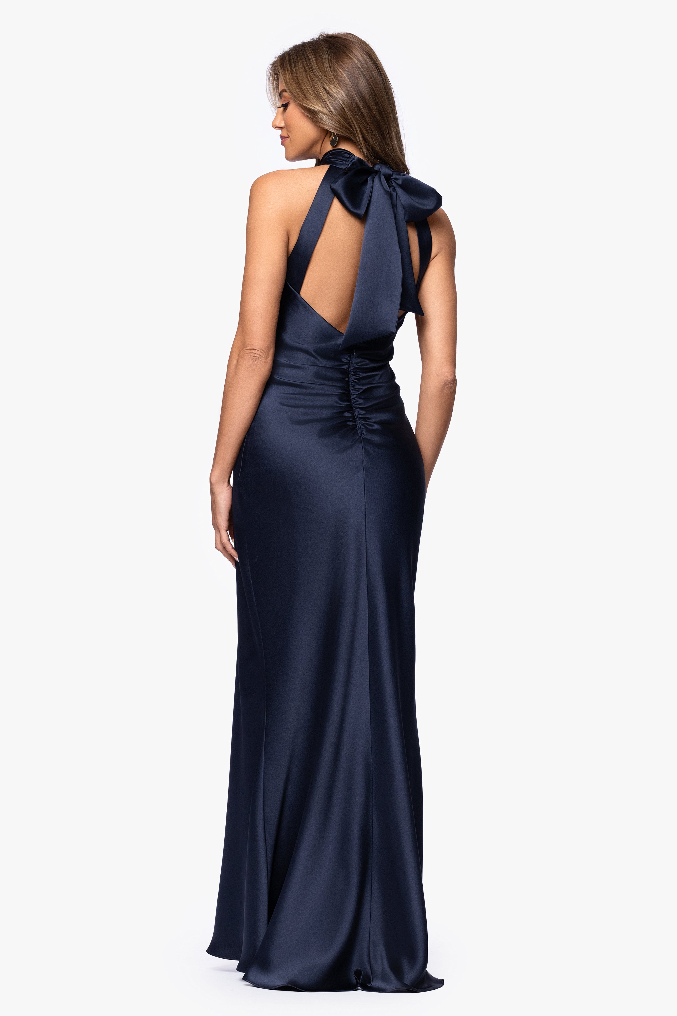 "Ruth" Satin High Tie Neck Backless Floor Length Dress