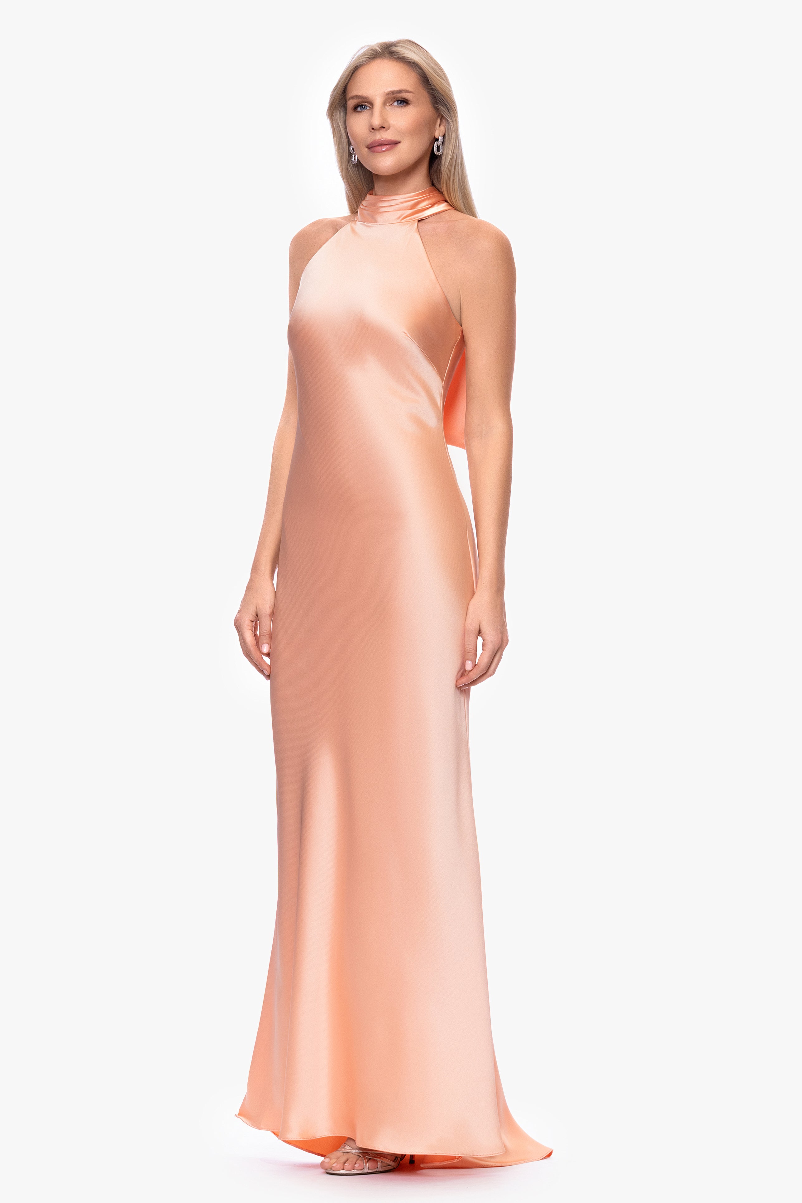 "Ruth" Satin High Tie Neck Backless Floor Length Dress