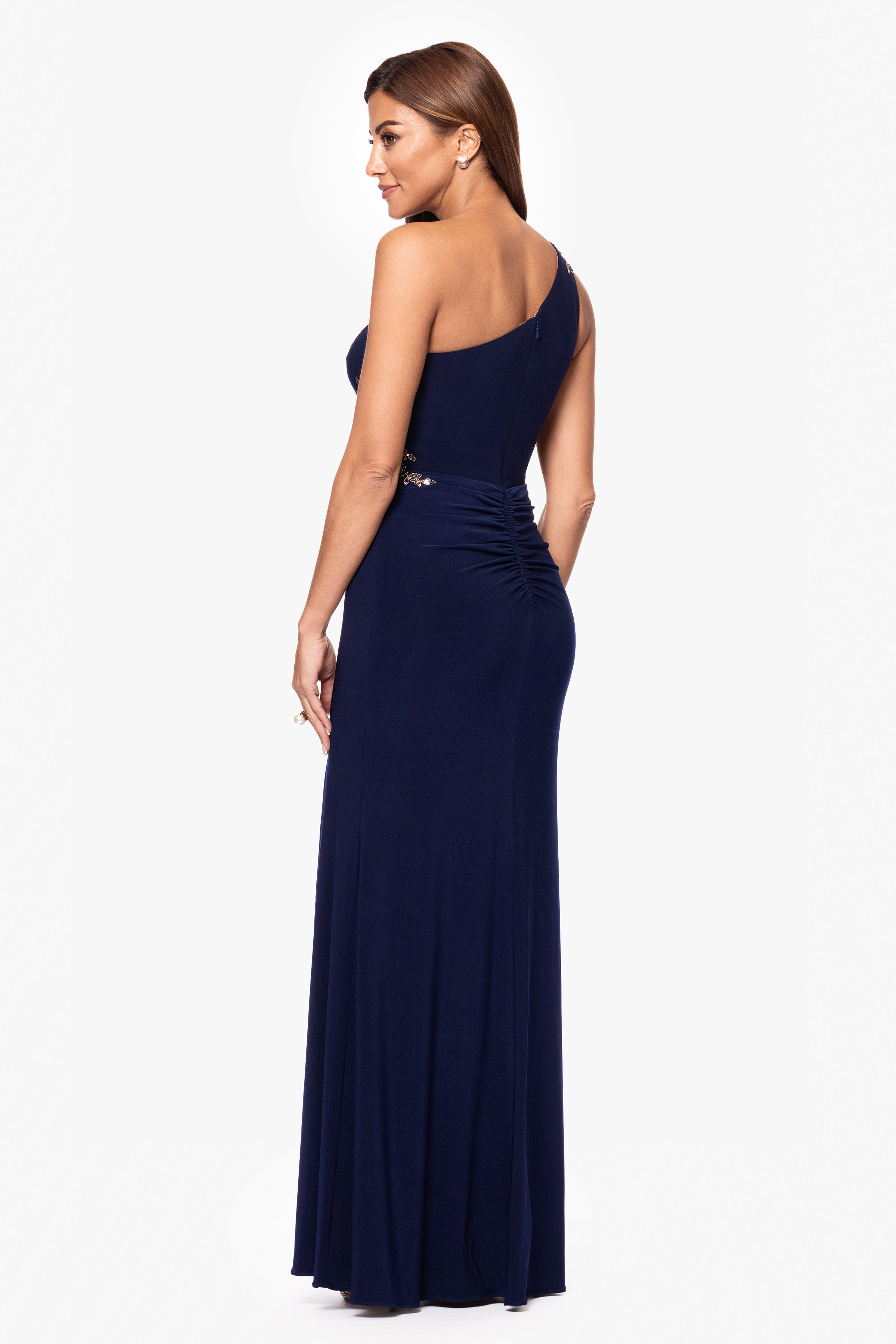 Petite "Teresa" Jersey Knit One Shoulder Applique Floor Length Dress