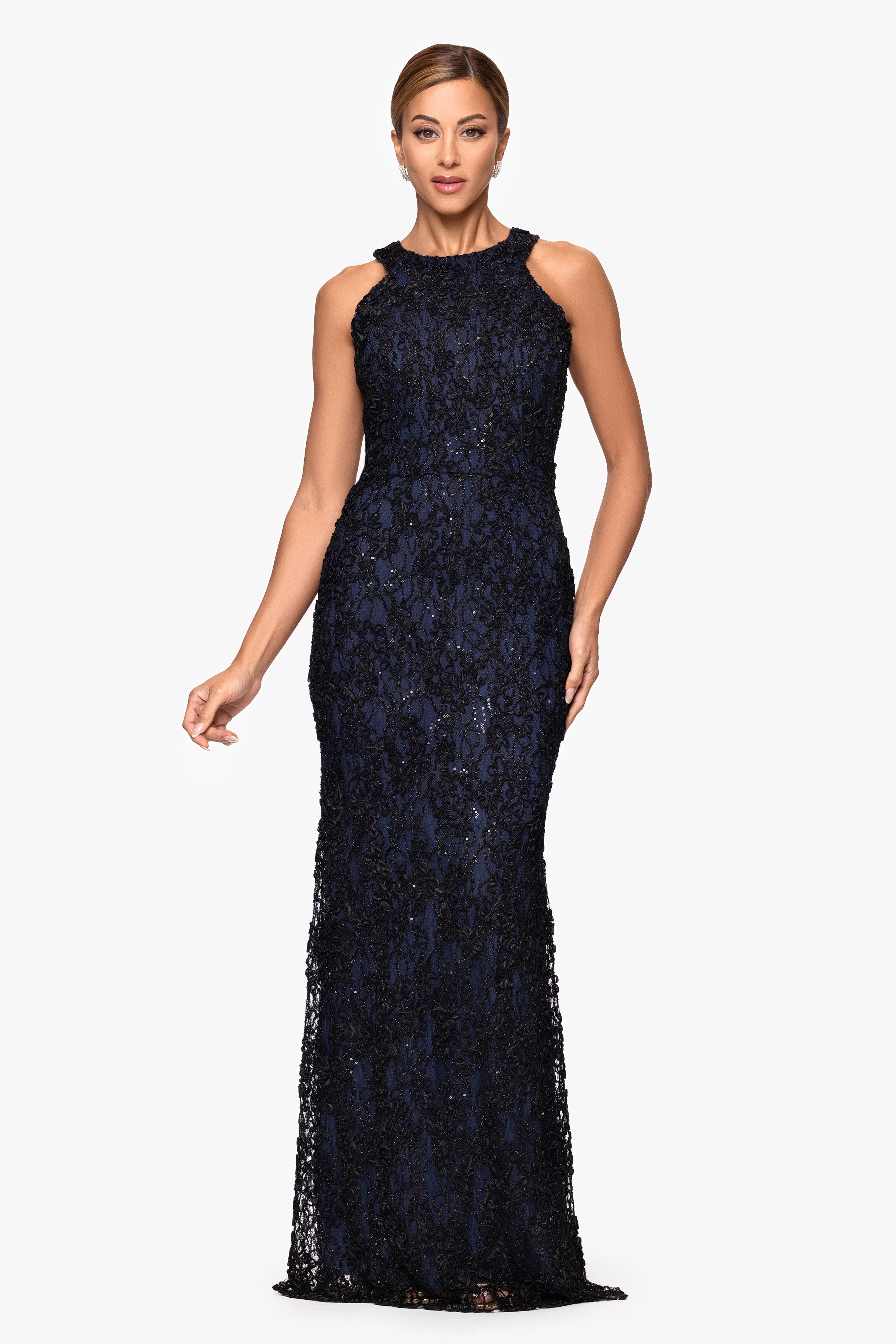 Petite "Andrea" Halter Neck Soutache Lace Floor Length Dress