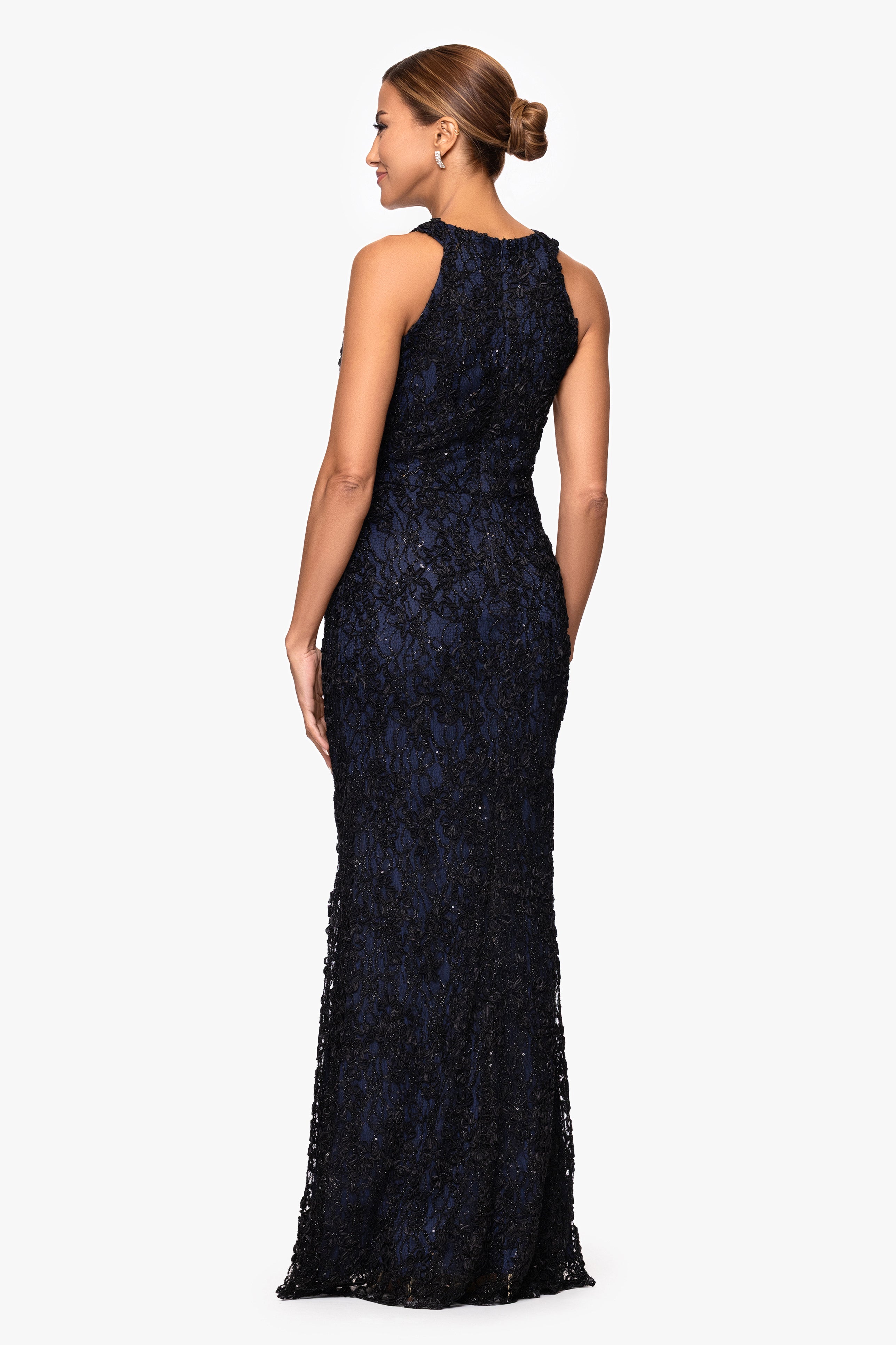 Petite "Andrea" Halter Neck Soutache Lace Floor Length Dress