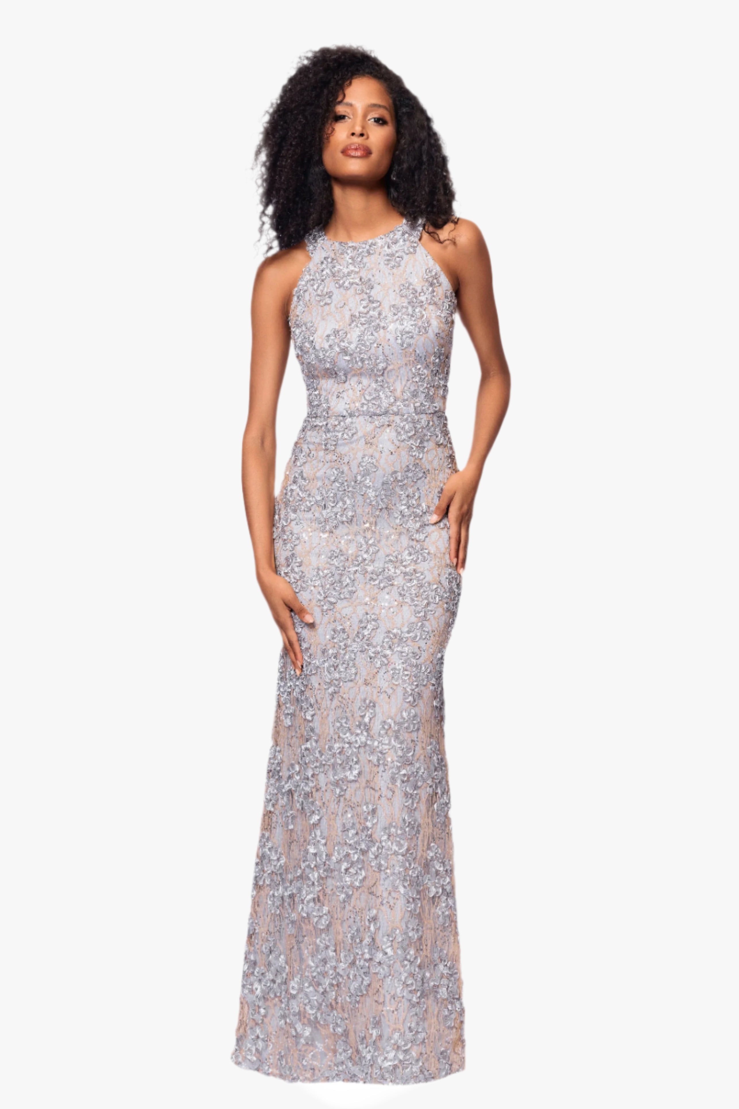 Petite "Andrea" Halter Neck Soutache Lace Floor Length Dress