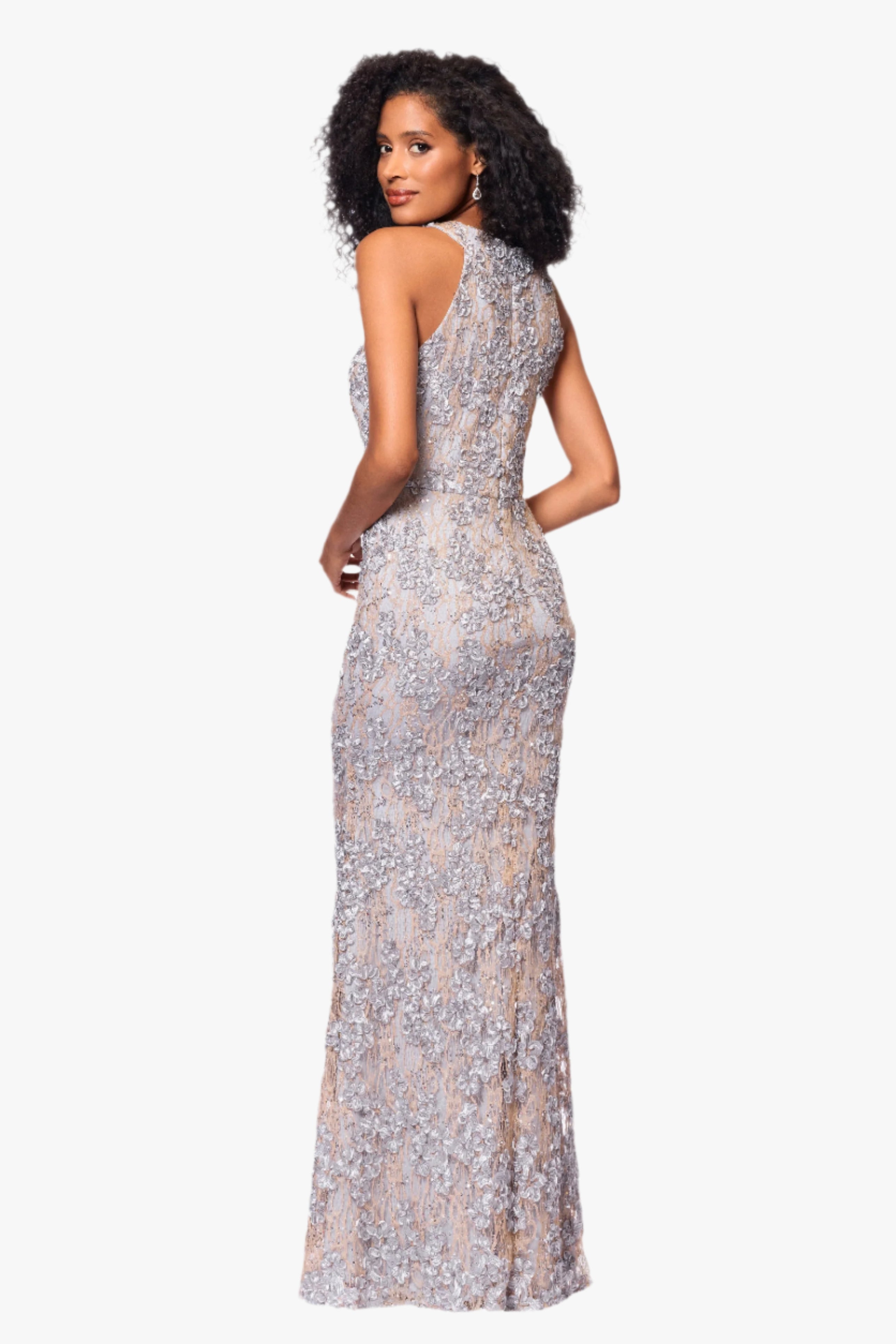 Petite "Andrea" Halter Neck Soutache Lace Floor Length Dress