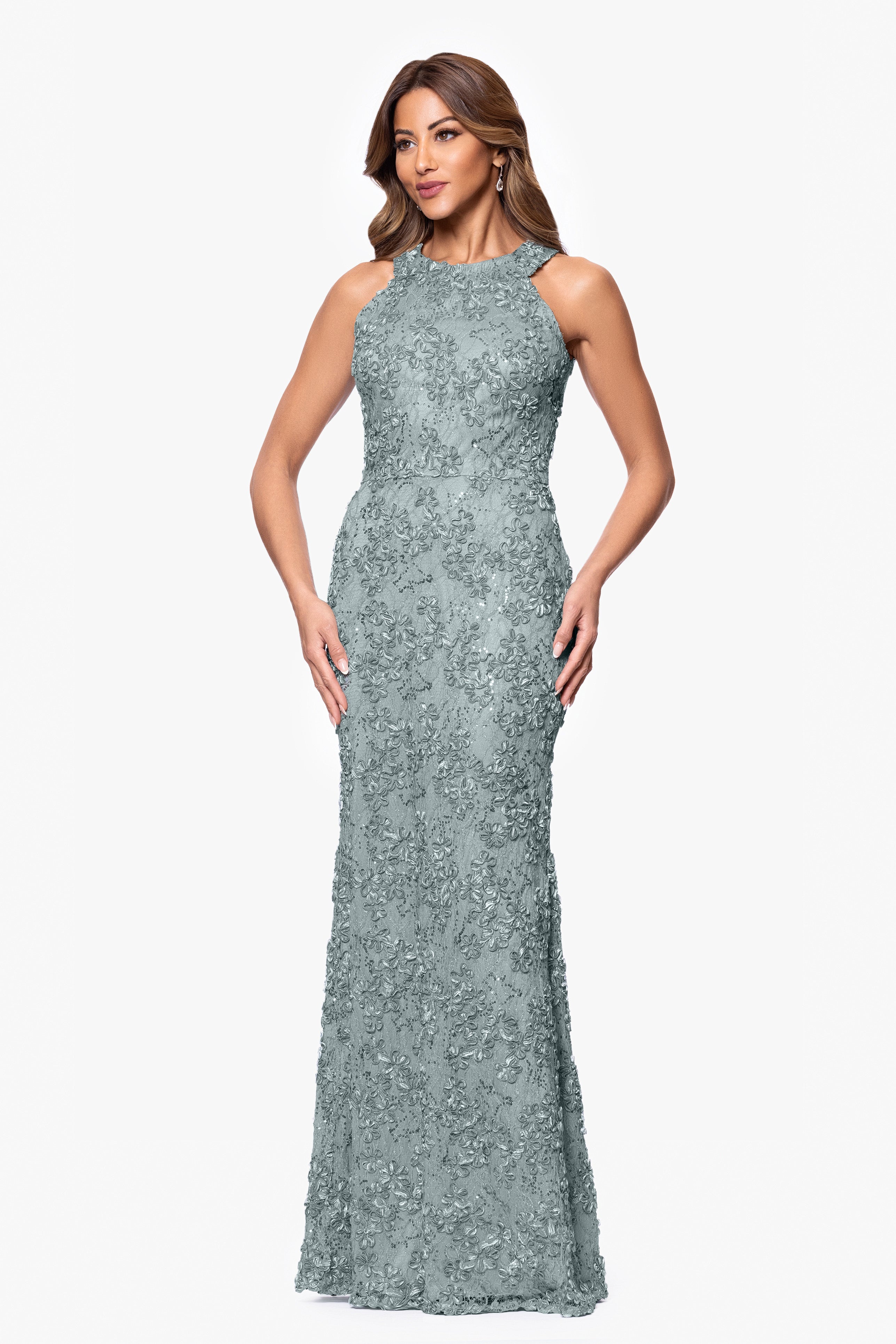 Petite "Andrea" Halter Neck Soutache Lace Floor Length Dress