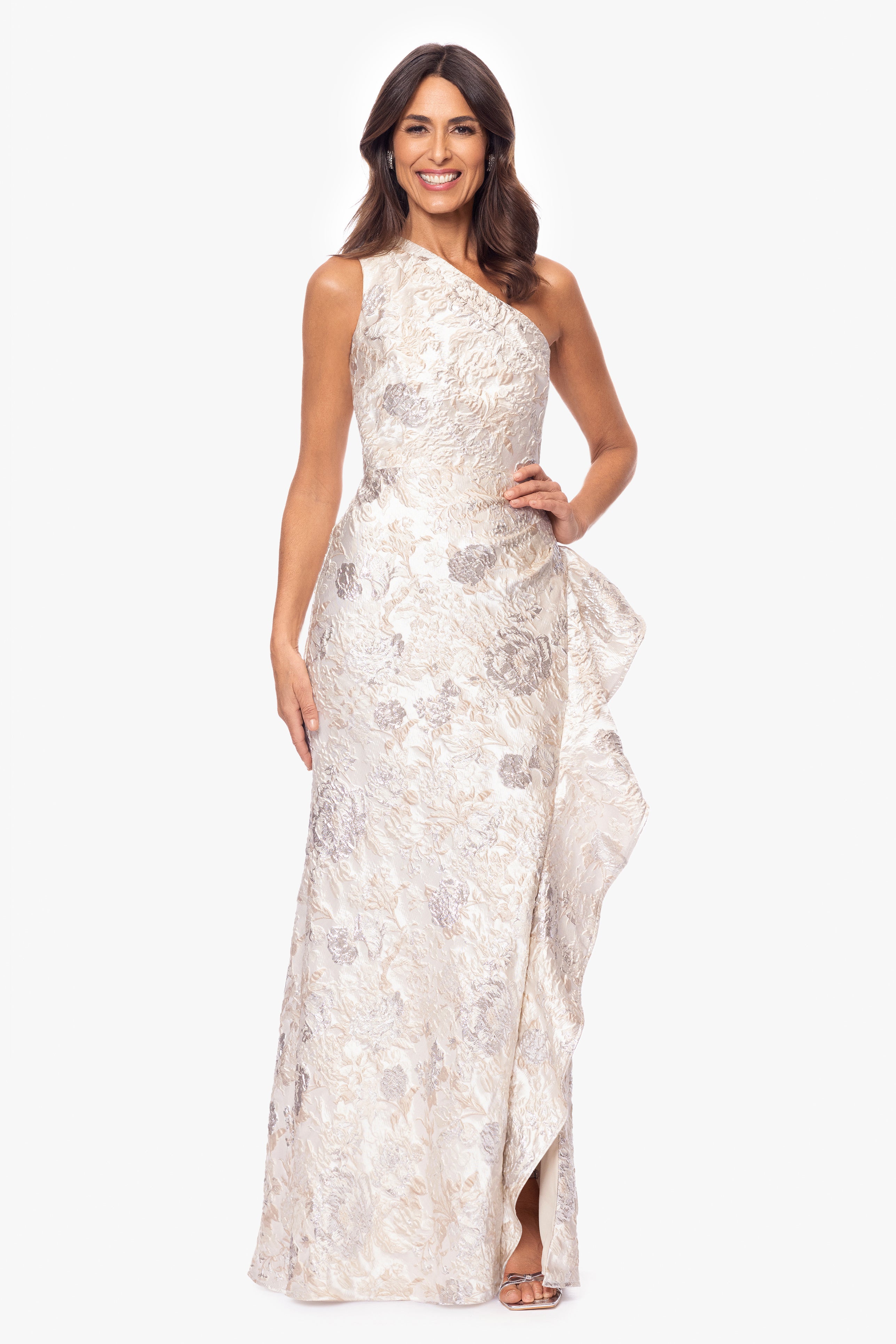 "Pamela" Jacquard One Shoulder Ruffle Floor Length Dress