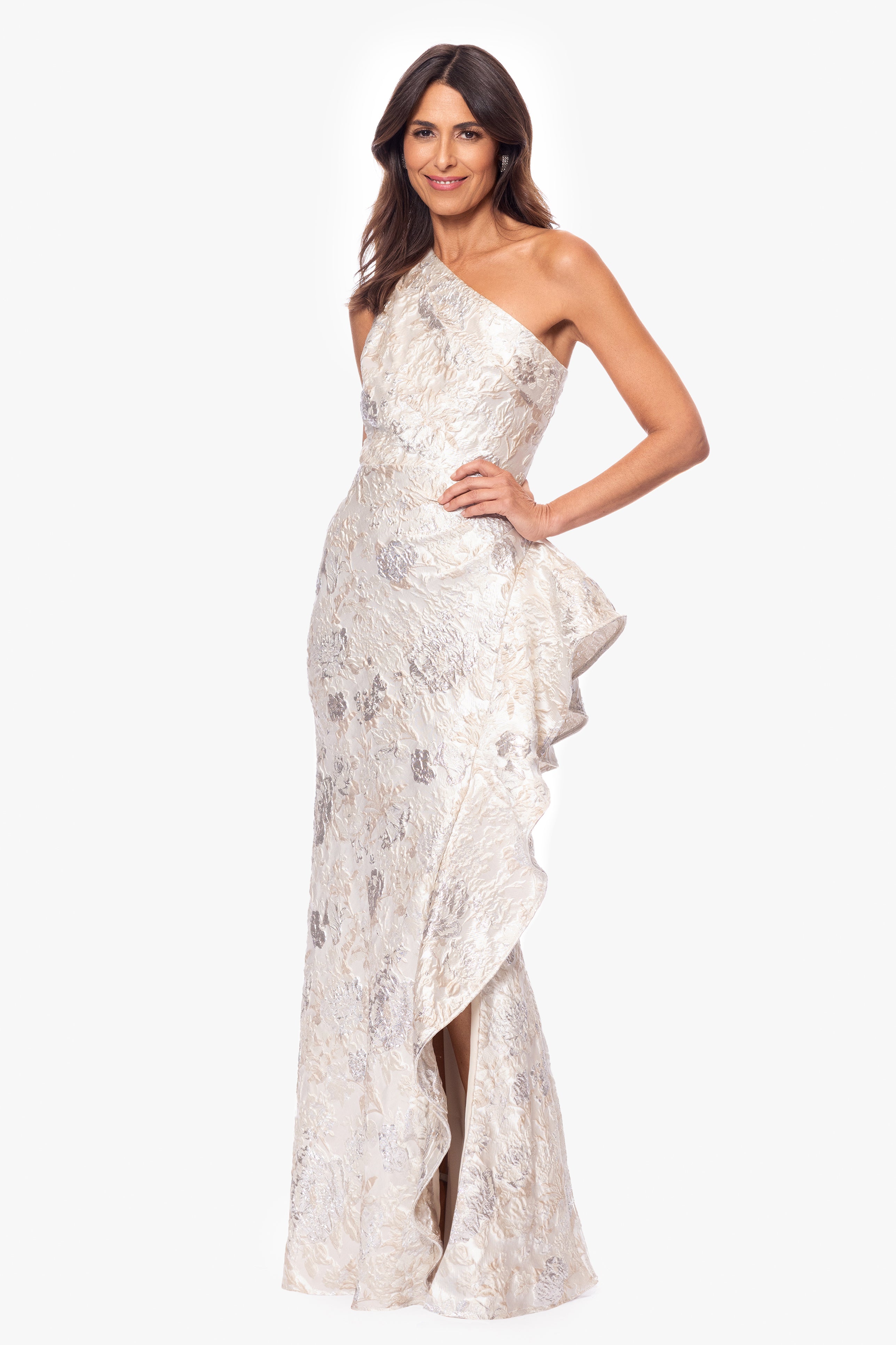 "Pamela" Jacquard One Shoulder Ruffle Floor Length Dress
