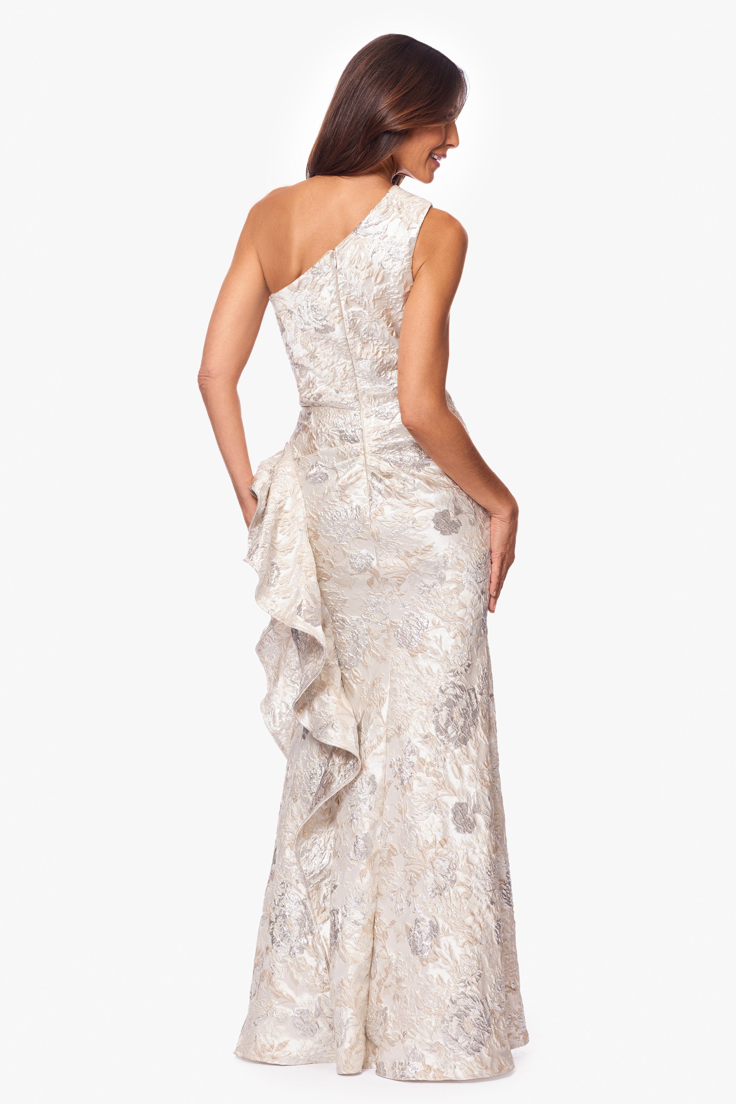 "Pamela" Jacquard One Shoulder Ruffle Floor Length Dress