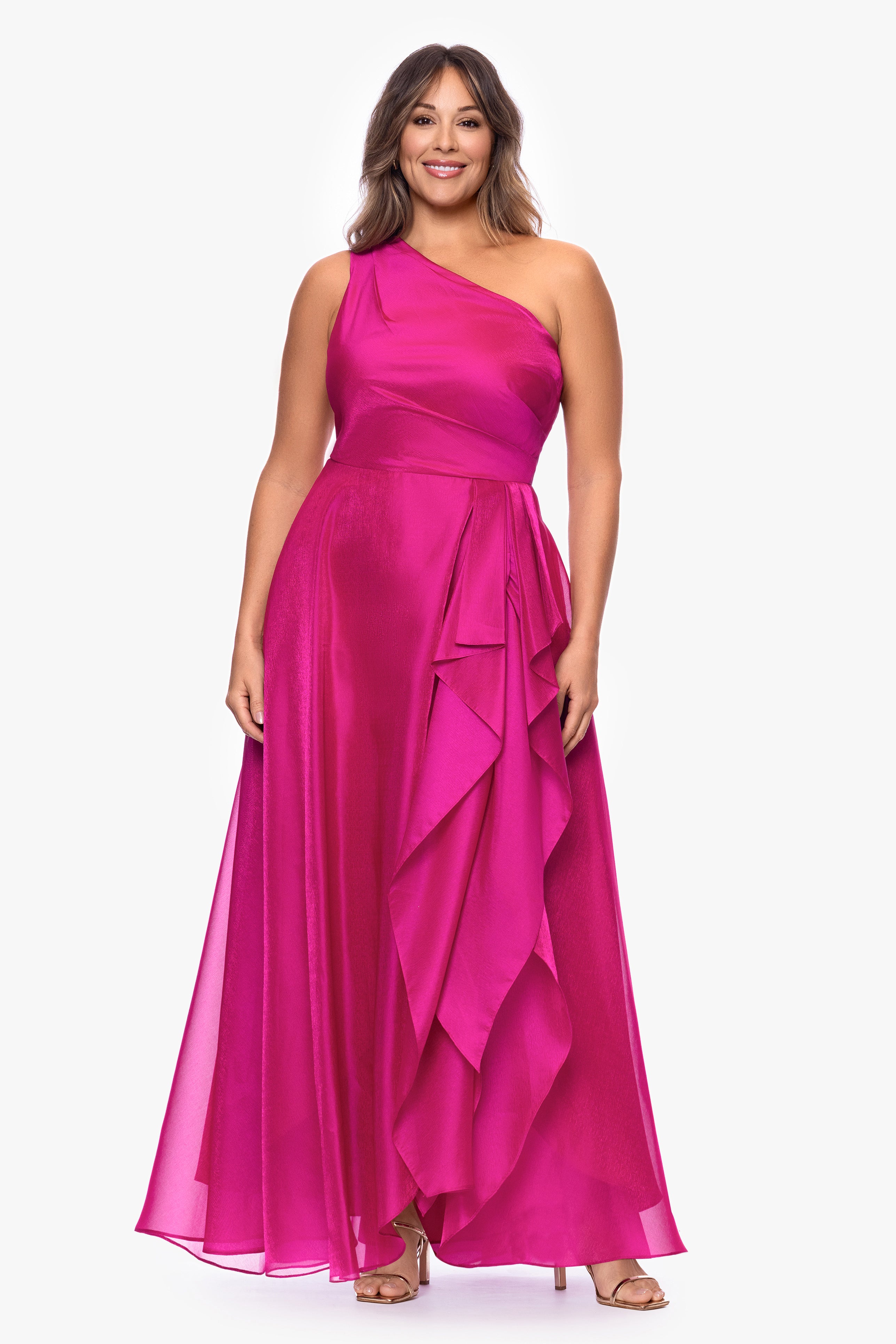 Plus "Samantha" Organza One Shoulder Ruffle Floor Length Dress