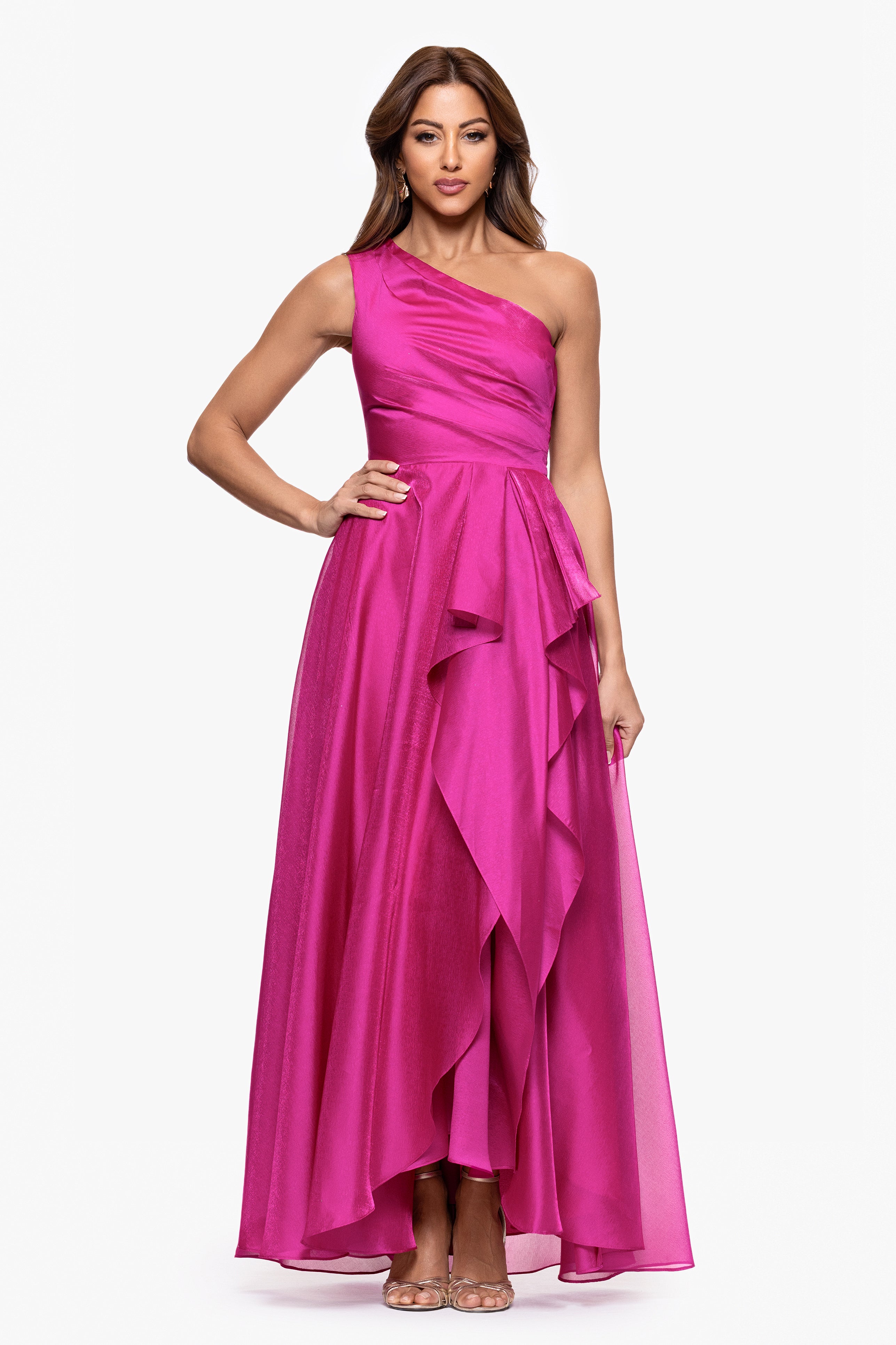 "Samantha" Organza One Shoulder Ruffle Floor Length Dress