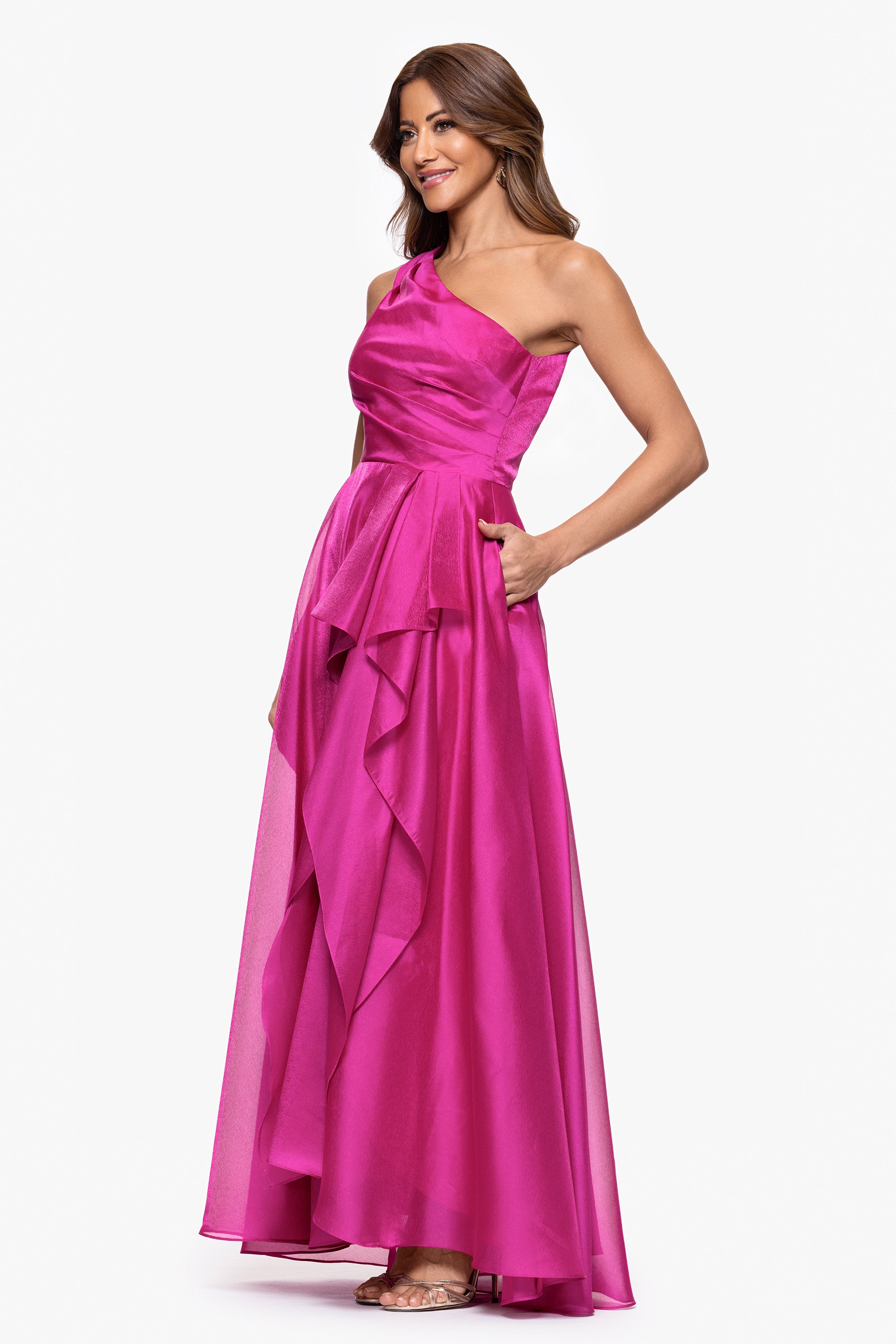 "Samantha" Organza One Shoulder Ruffle Floor Length Dress