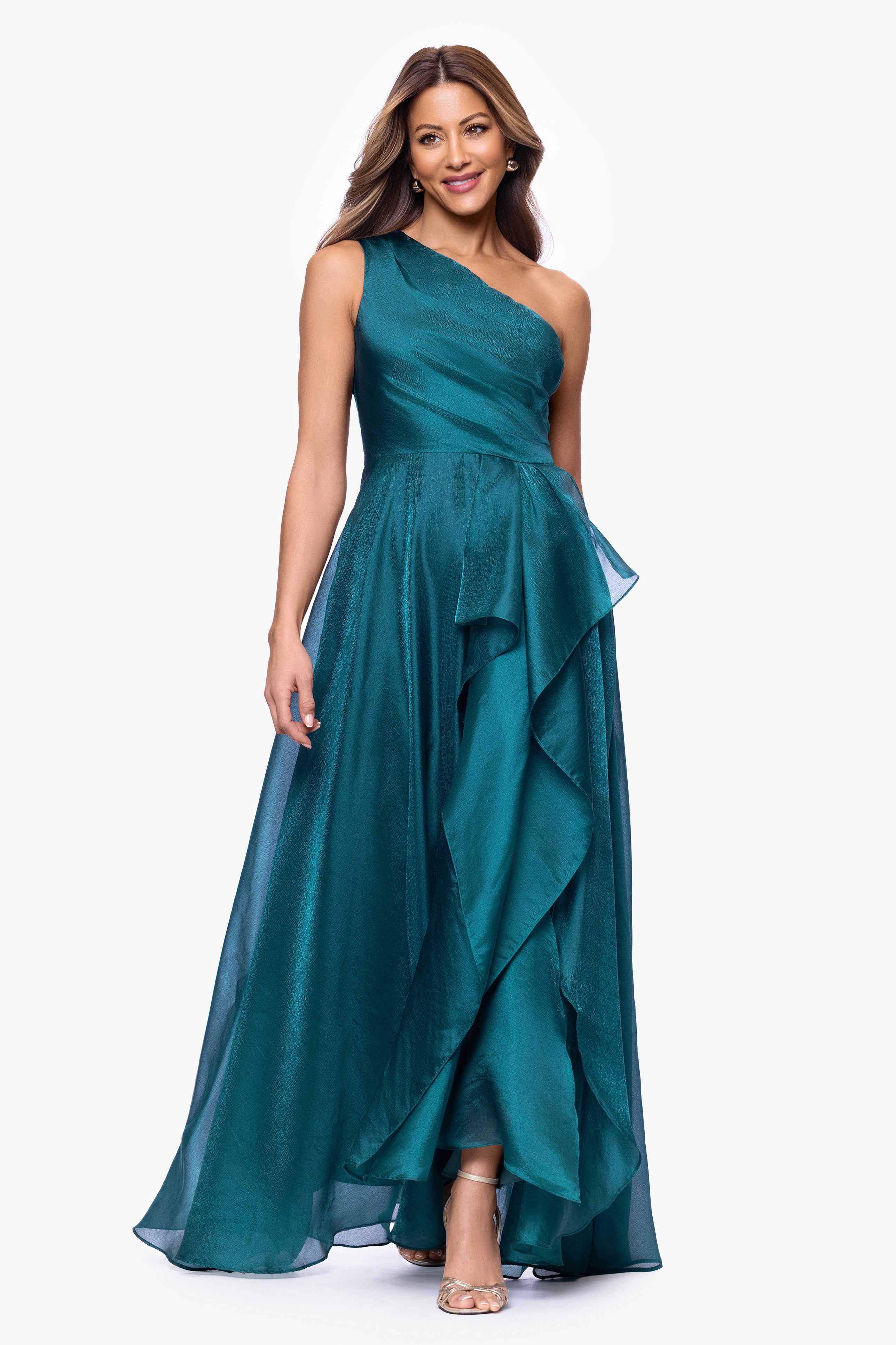 Petite "Samantha" Organza One Shoulder Ruffle Floor Length Dress