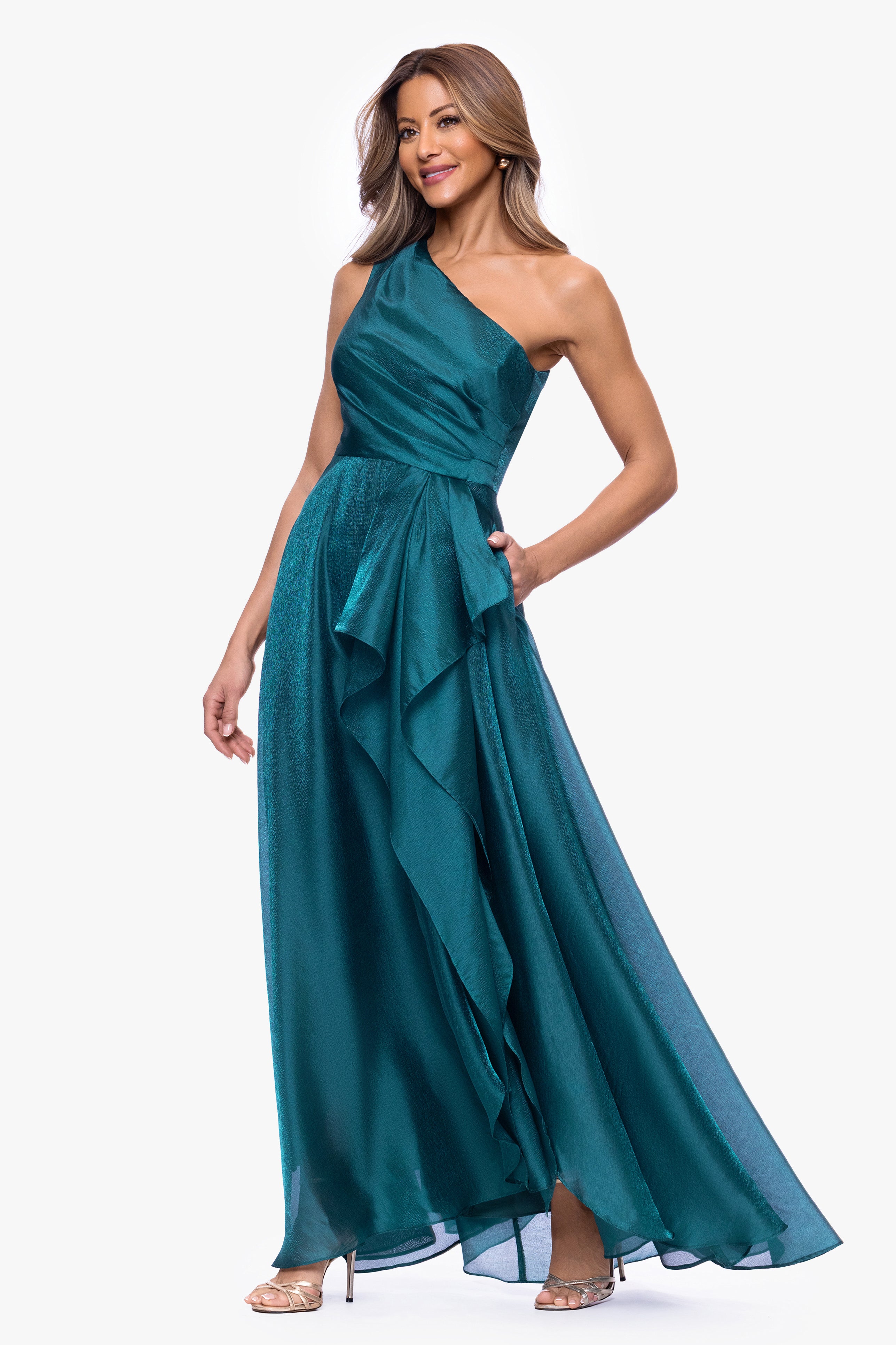Petite "Samantha" Organza One Shoulder Ruffle Dress
