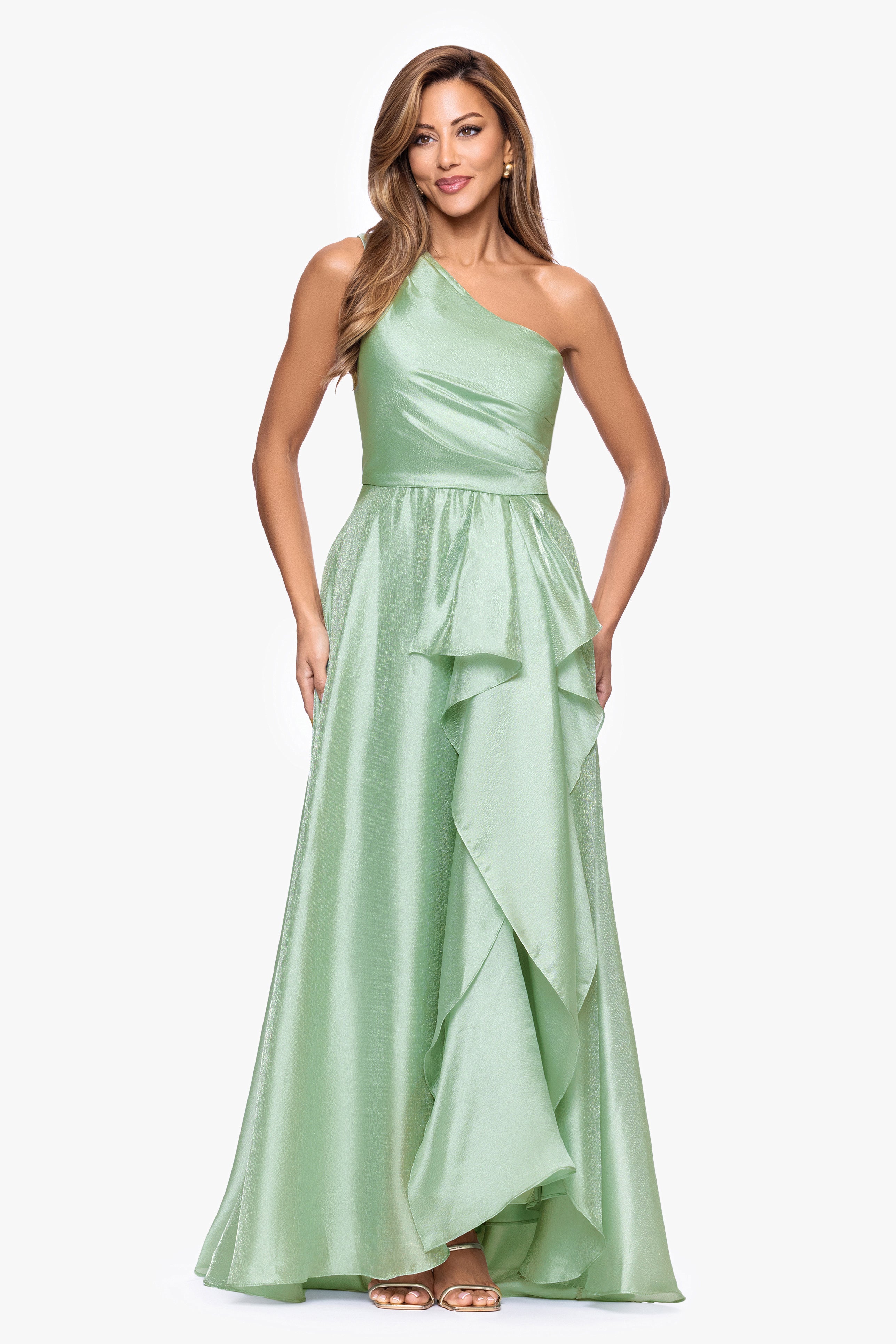 "Samantha" Organza One Shoulder Ruffle Floor Length Dress