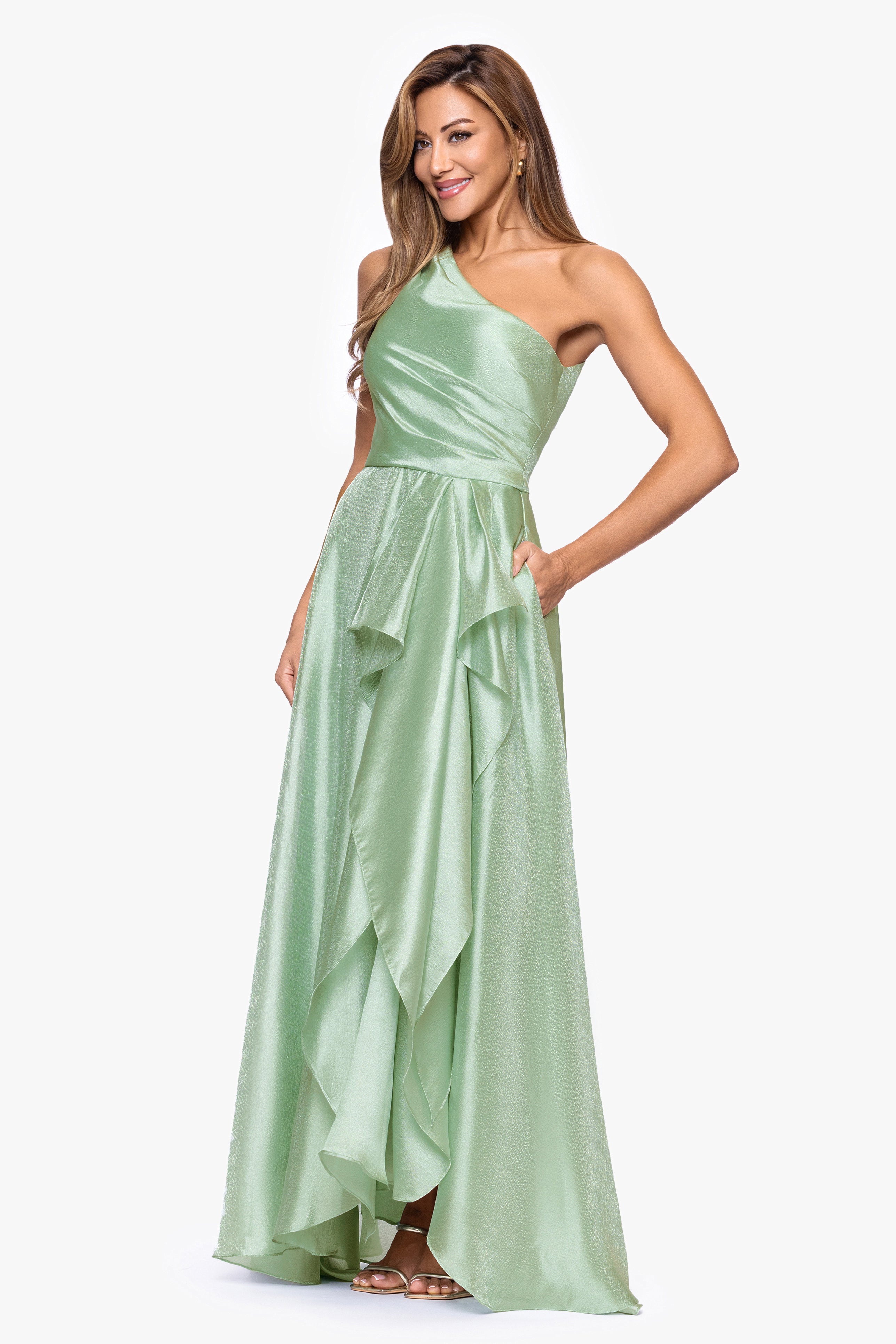 "Samantha" Organza One Shoulder Ruffle Floor Length Dress