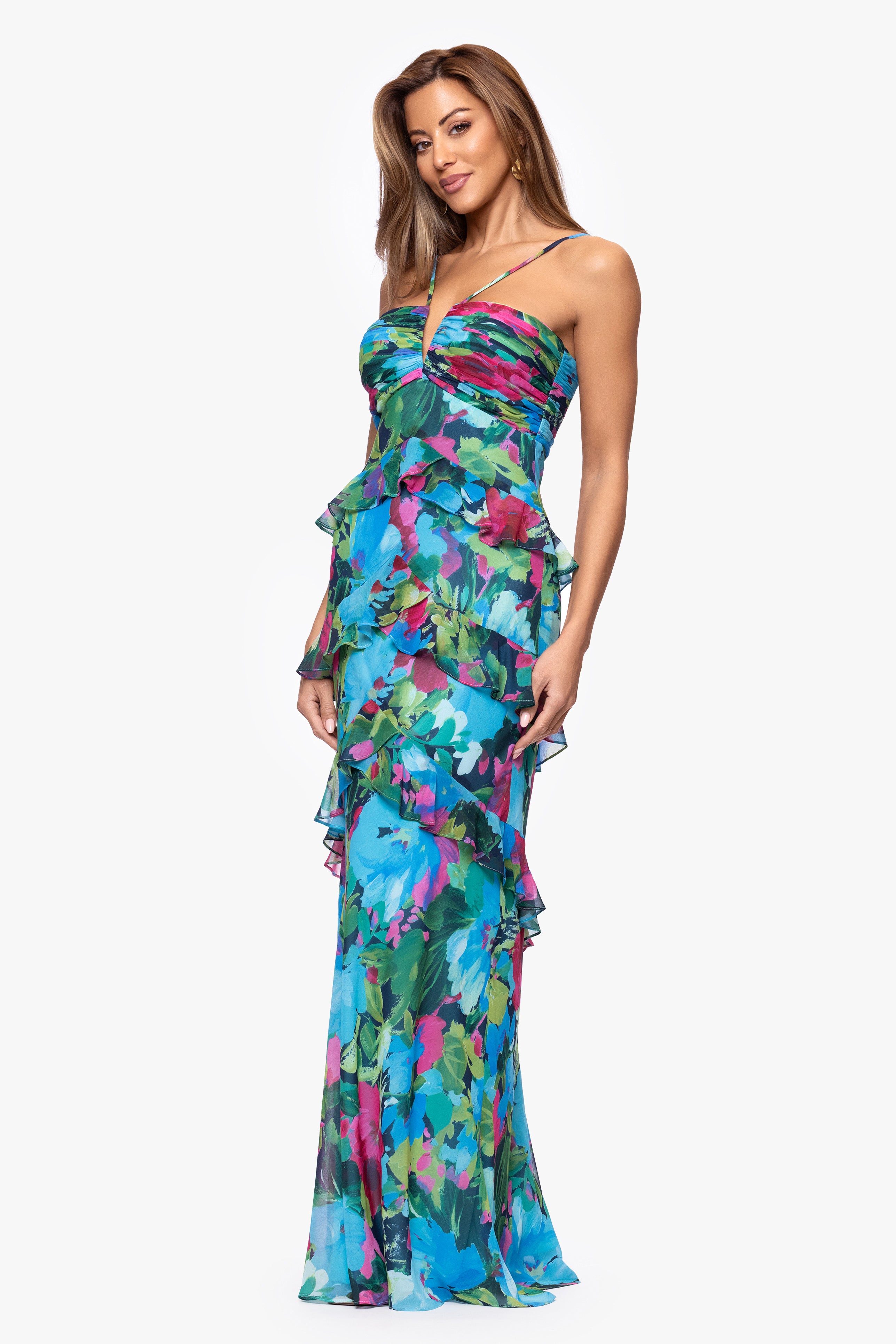 "Jayla" Print Chiffon Tiered Ruffle Floor Length Dress