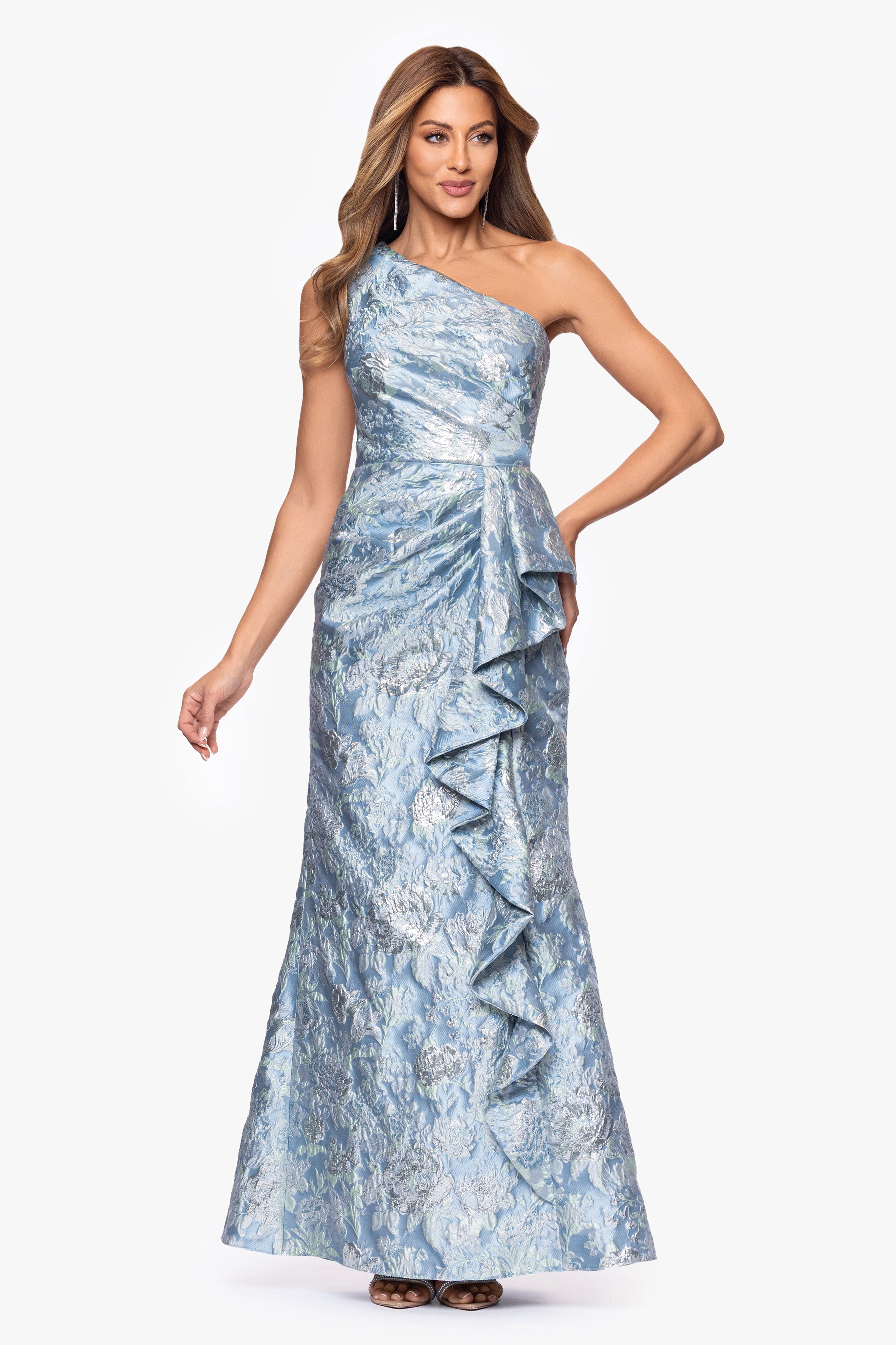"Paula" Jacquard One Shoulder Ruffle Floor Length Dress