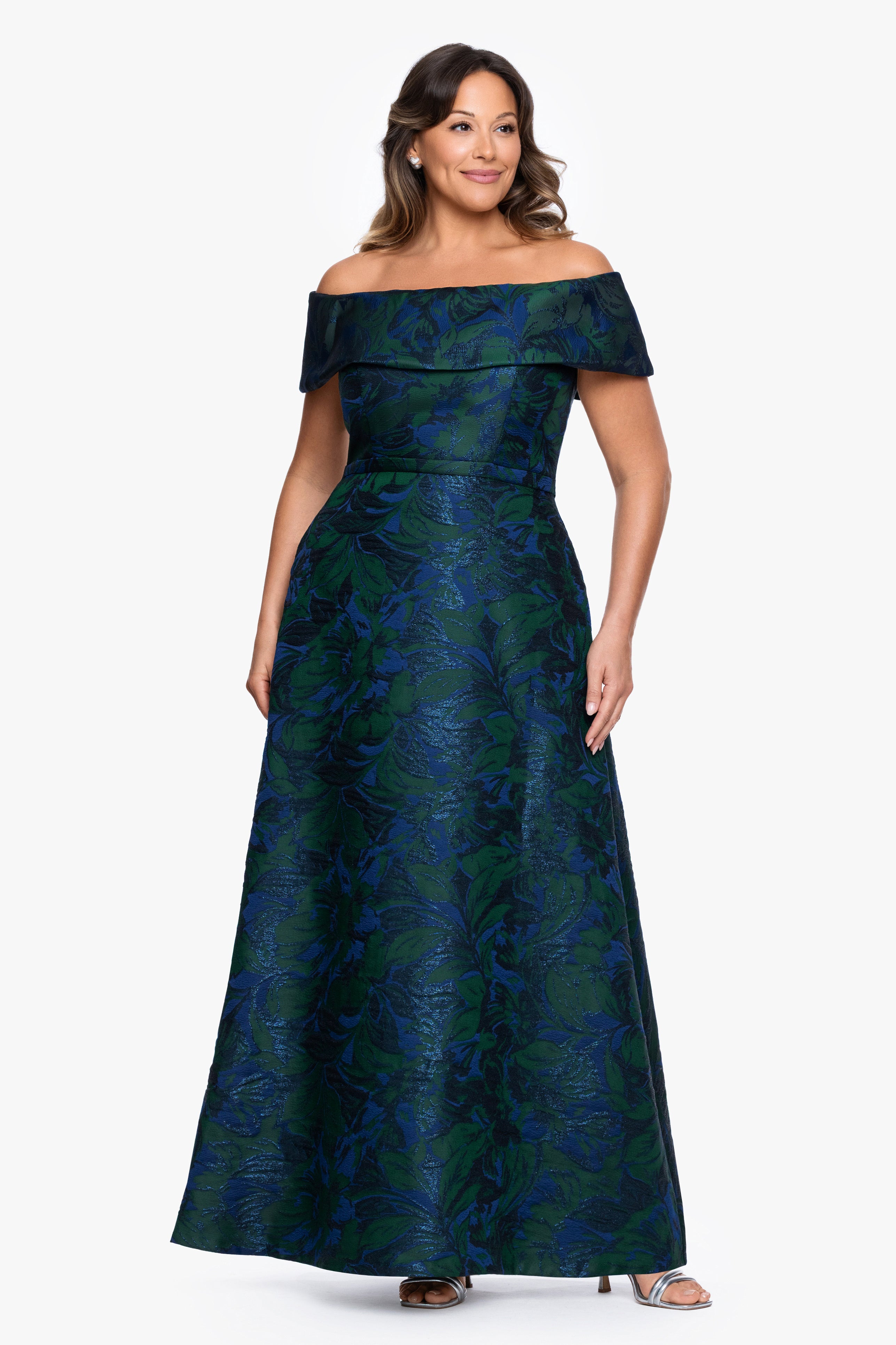 Plus "June" Jacquard Off the Shoulder Floor Length Dress