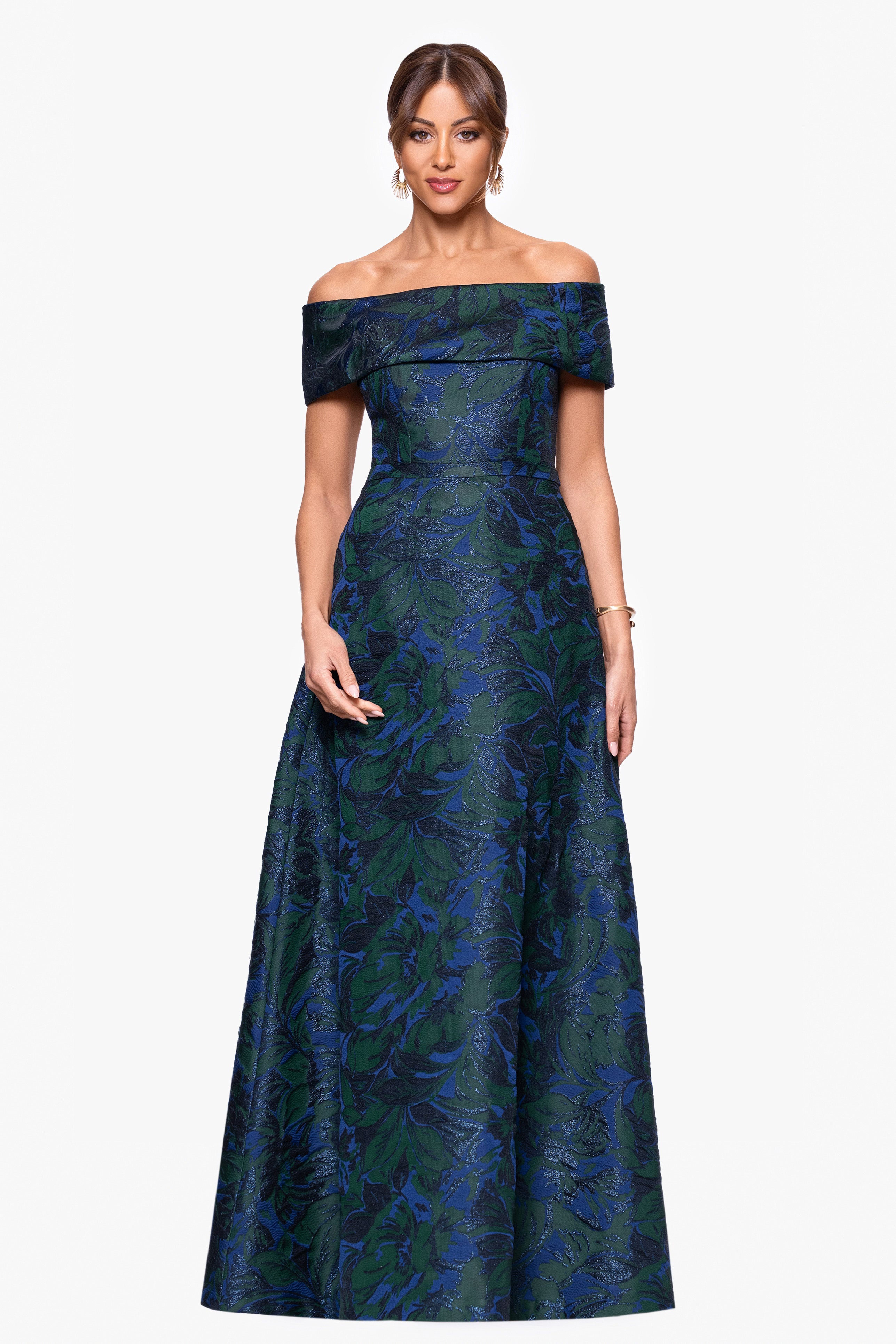 Petite "June" Jacquard Off the Shoulder Floor Length Dress