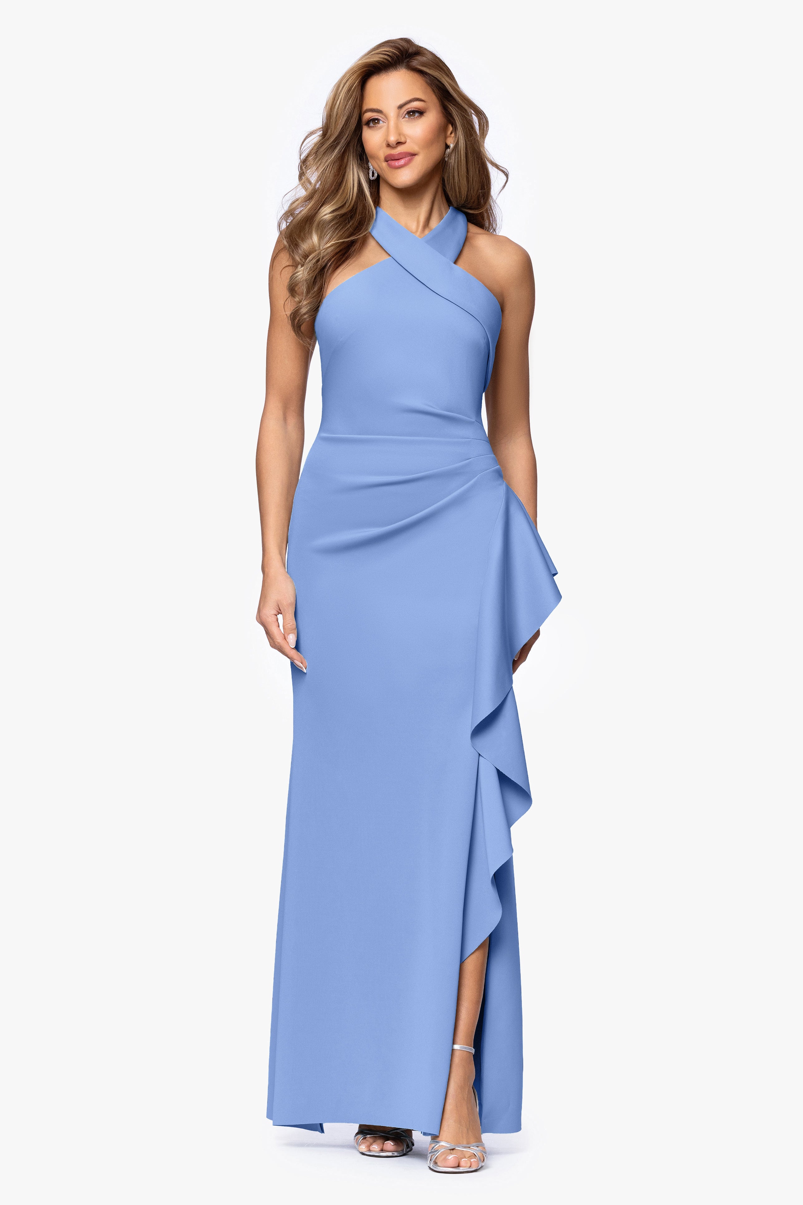 Petite "Gigi" Techno Scuba Cross Neck Ruffle Floor Length Dress