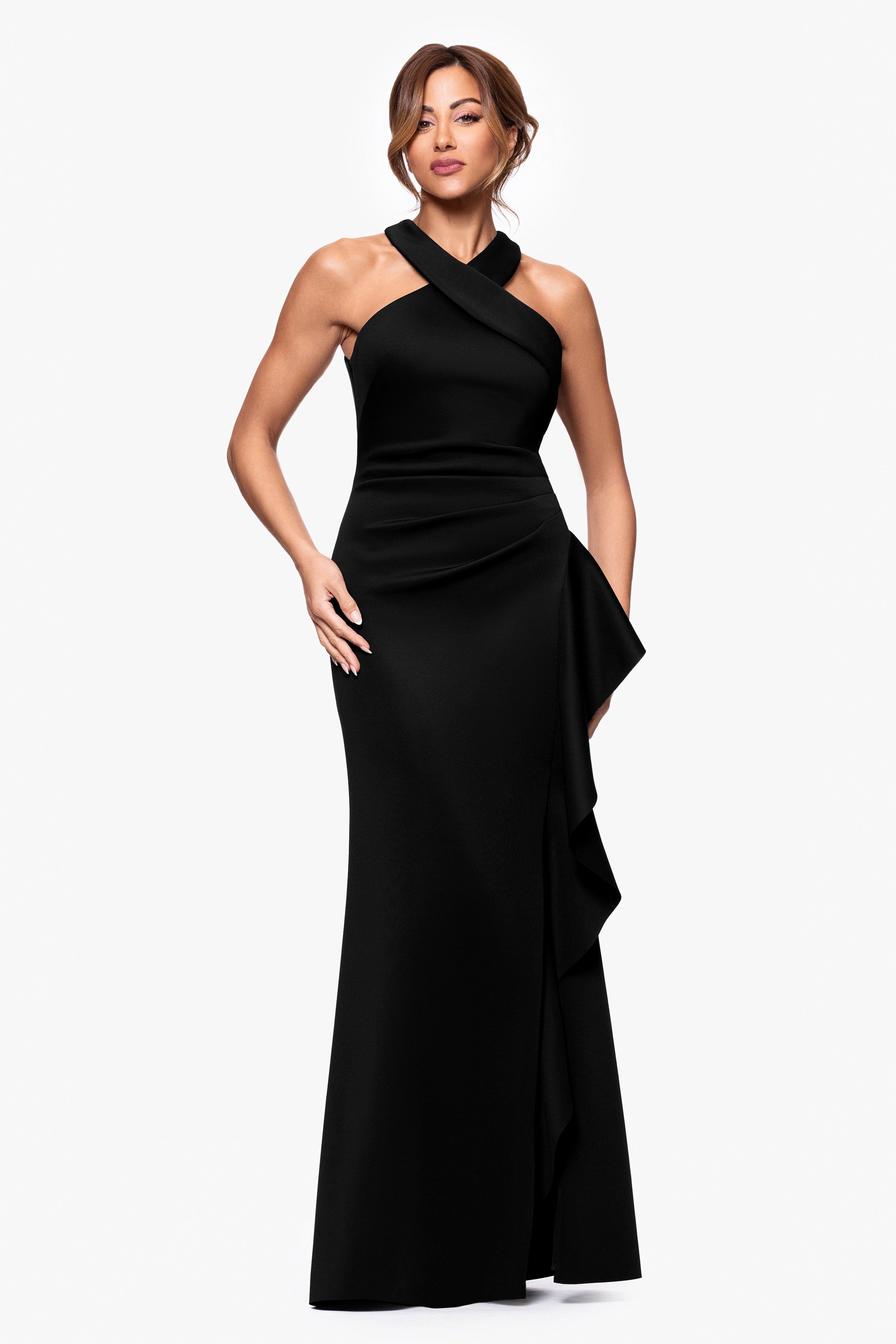 "Gigi" Techno Scuba Cross Neck Ruffle Floor Length Dress