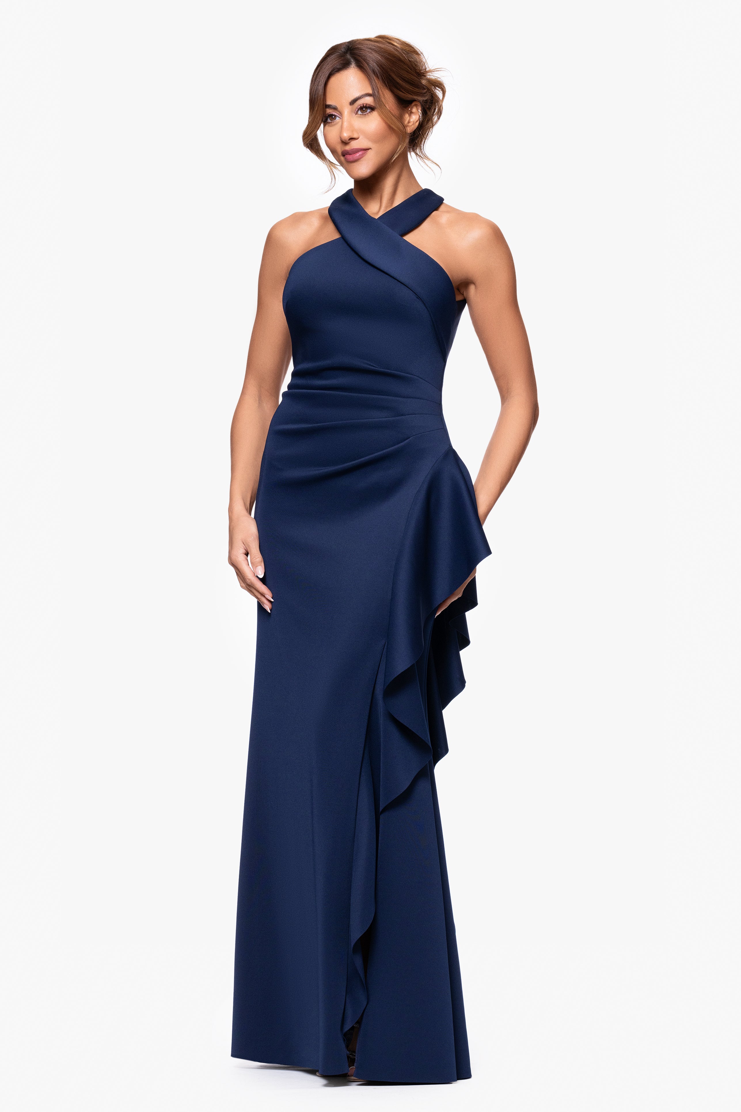Petite "Gigi" Scuba Cross Neck Ruffle Floor Length Dress