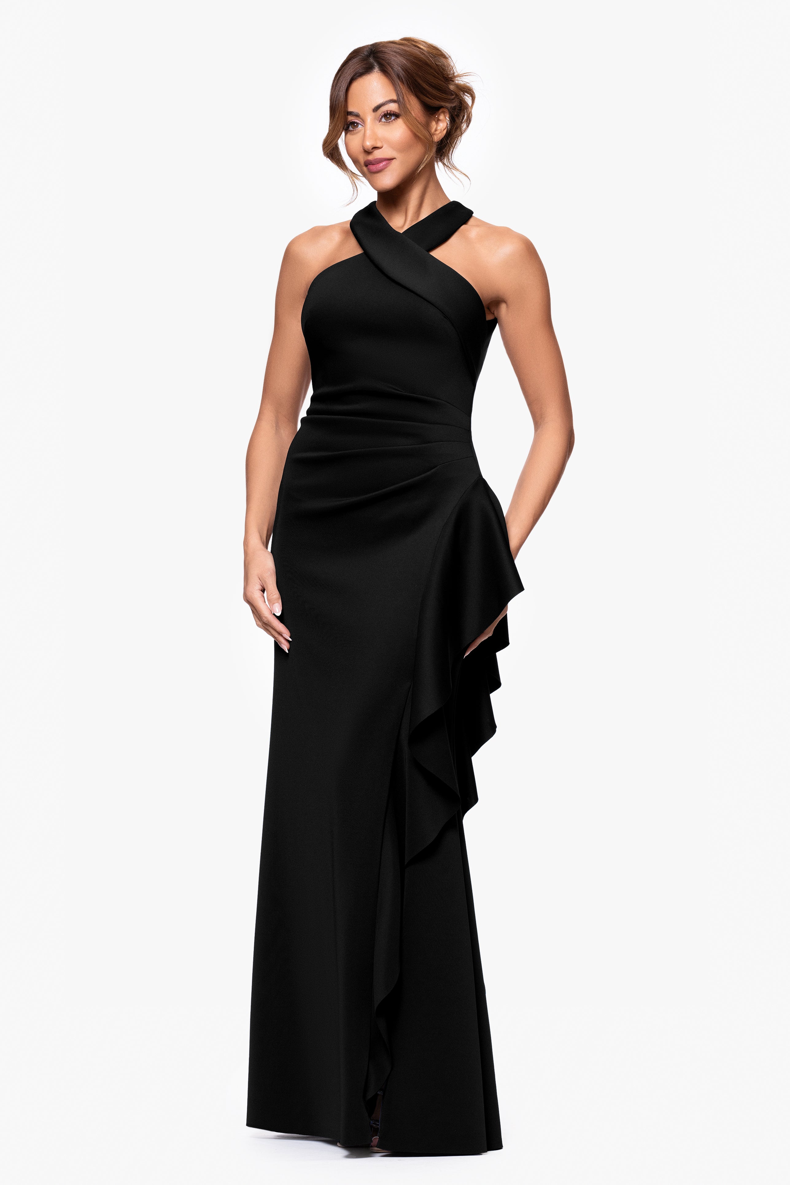 "Gigi" Techno Scuba Cross Neck Ruffle Floor Length Dress