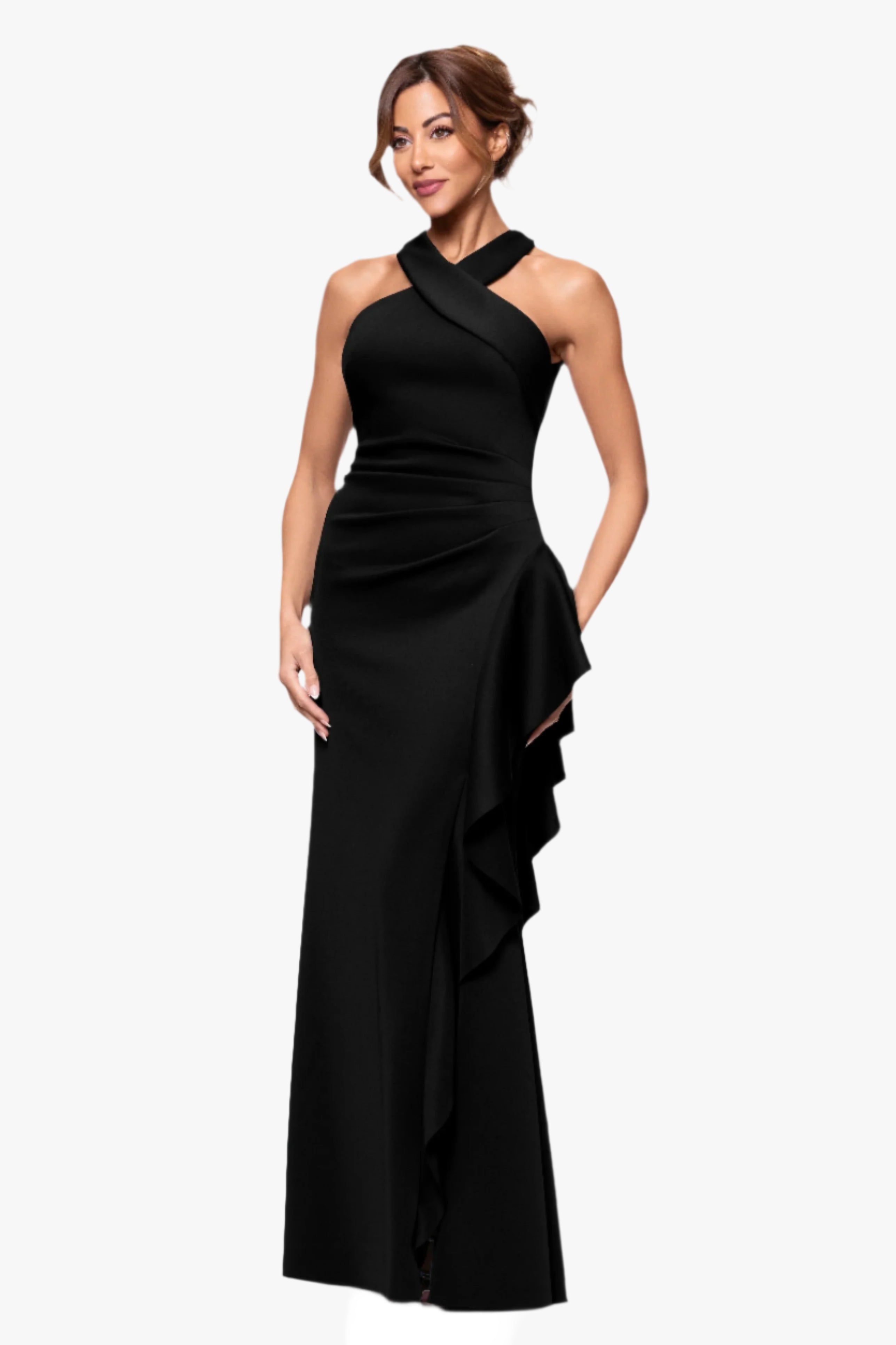 Petite "Gigi" Scuba Cross Neck Ruffle Floor Length Dress