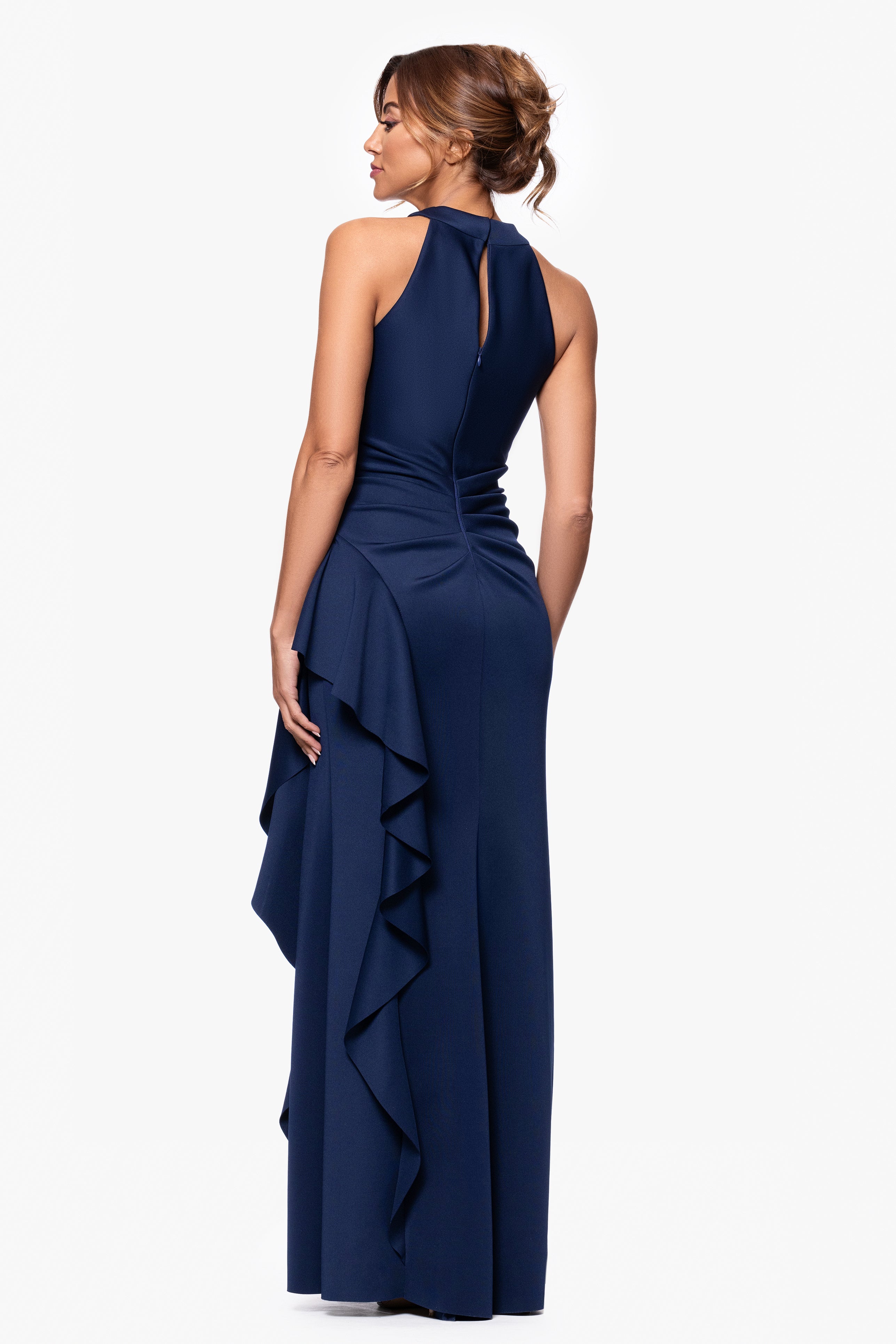 Petite "Gigi" Scuba Cross Neck Ruffle Floor Length Dress