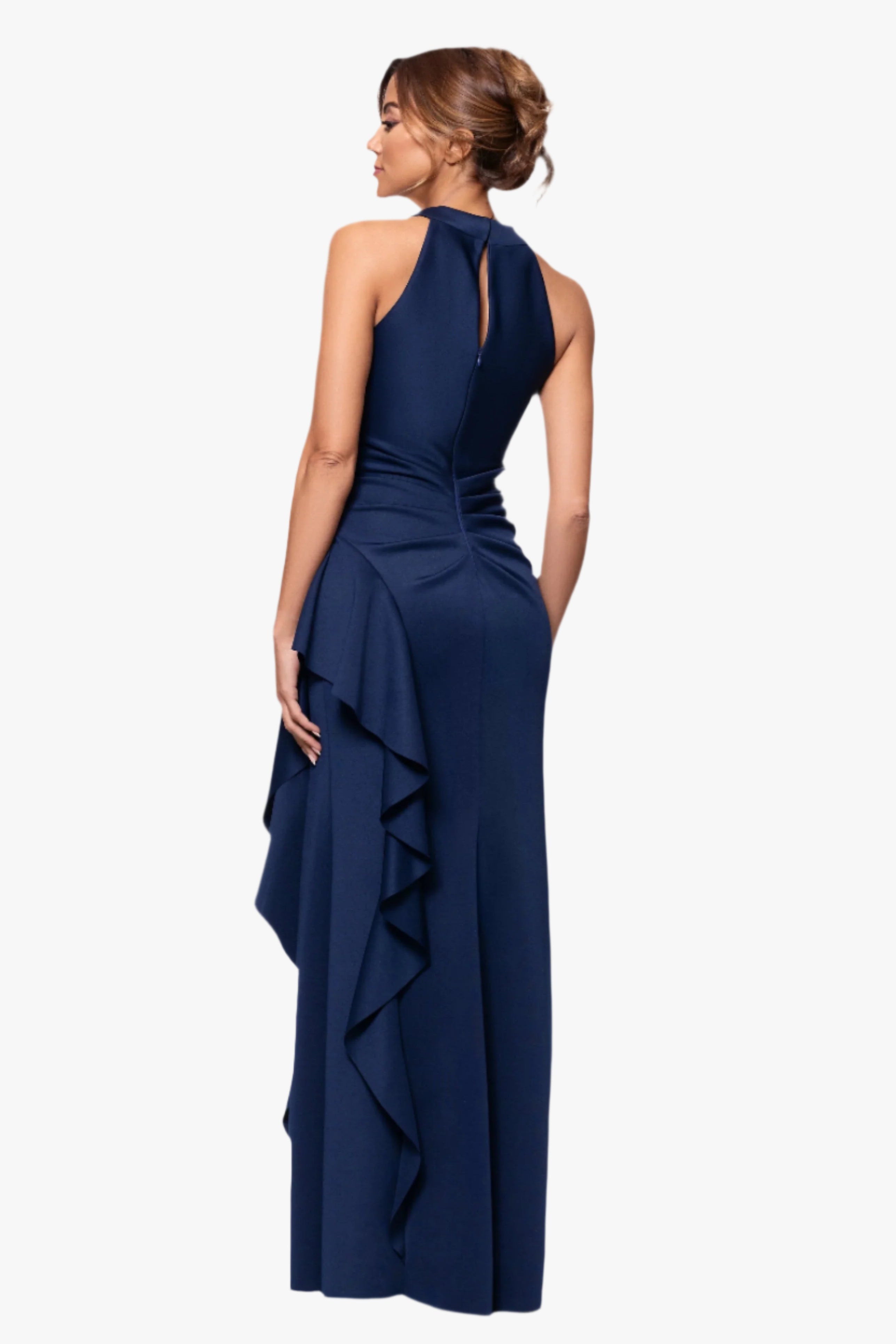 "Gigi" Techno Scuba Cross Neck Ruffle Floor Length Dress