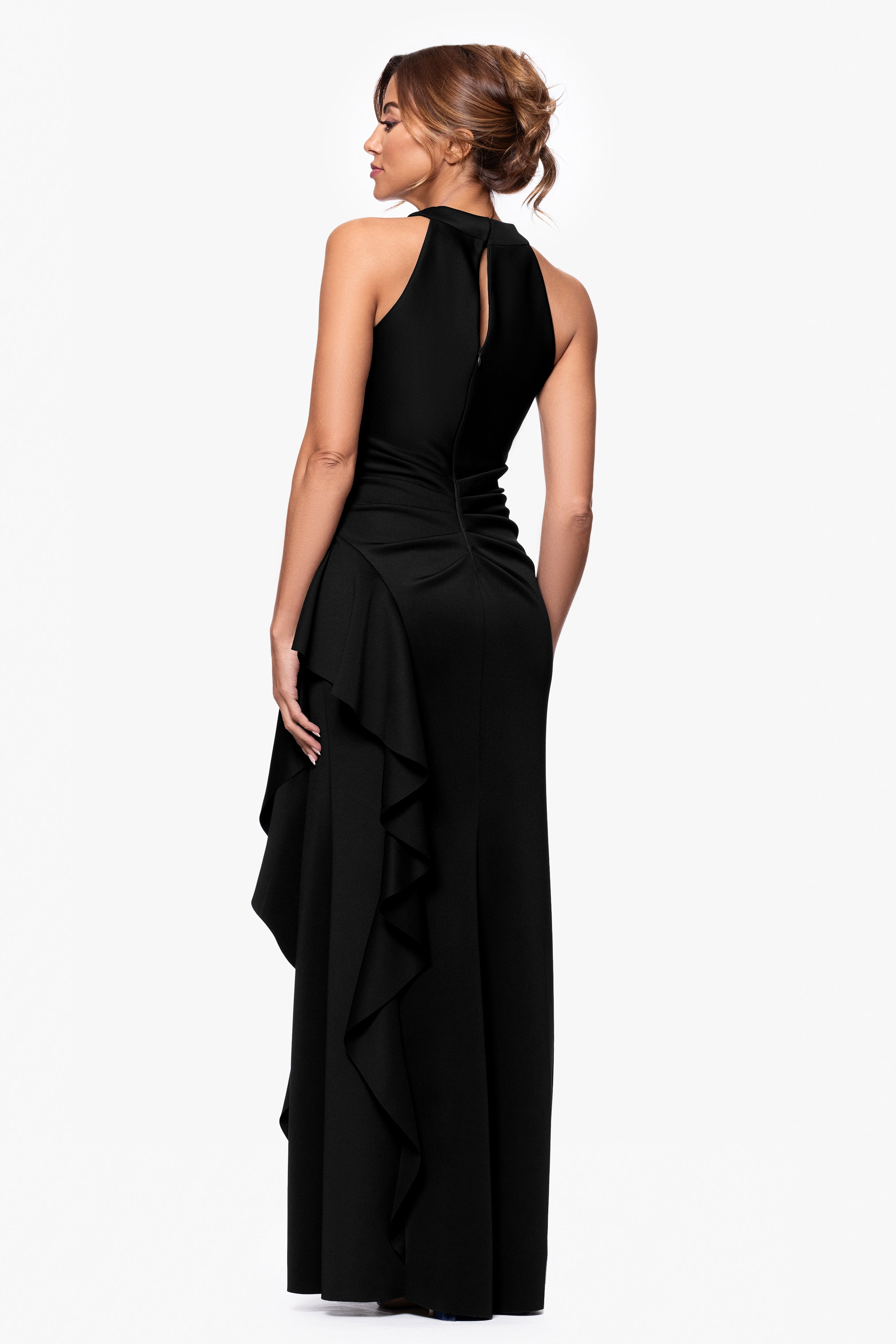 "Gigi" Techno Scuba Cross Neck Ruffle Floor Length Dress