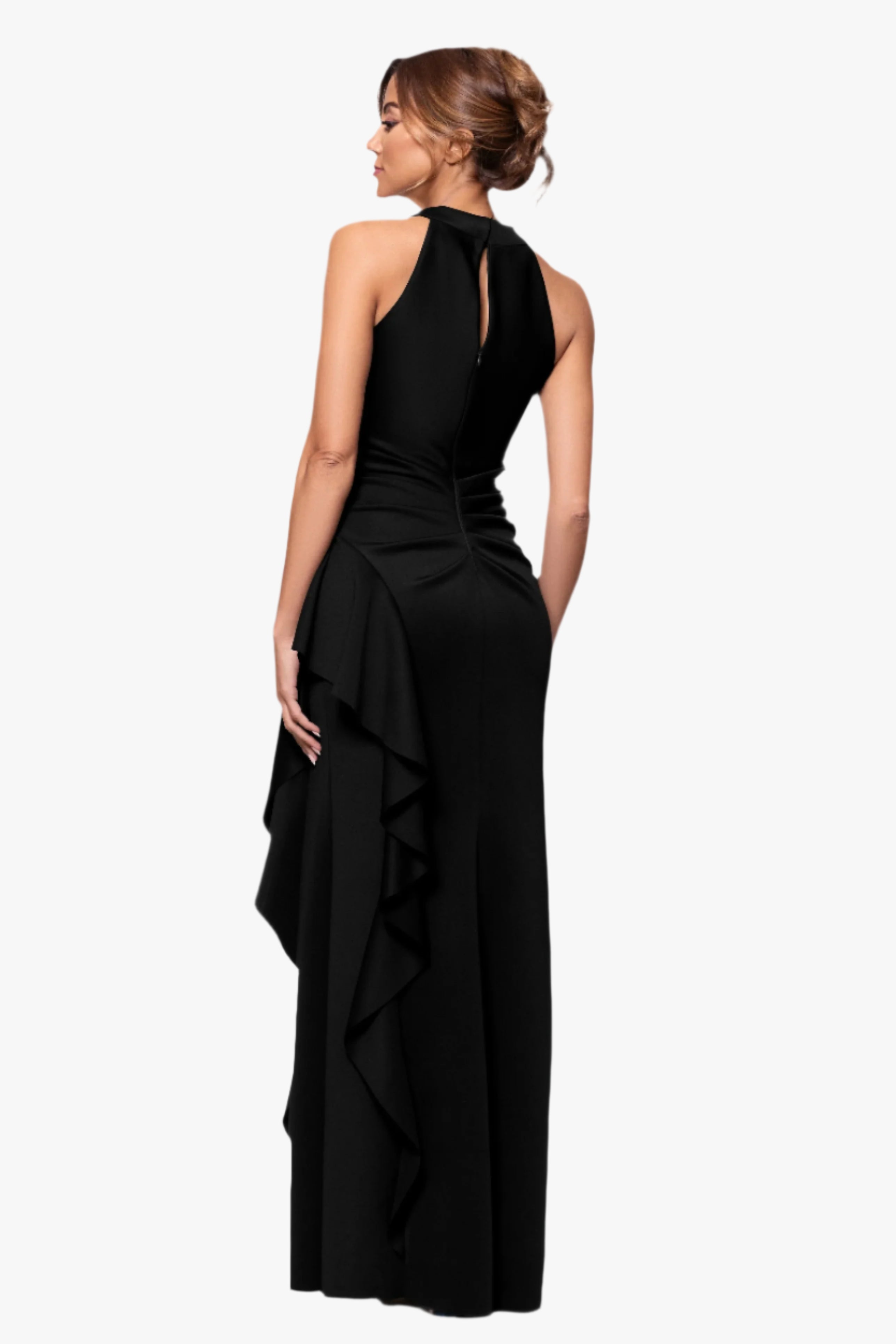 Petite "Gigi" Scuba Cross Neck Ruffle Floor Length Dress