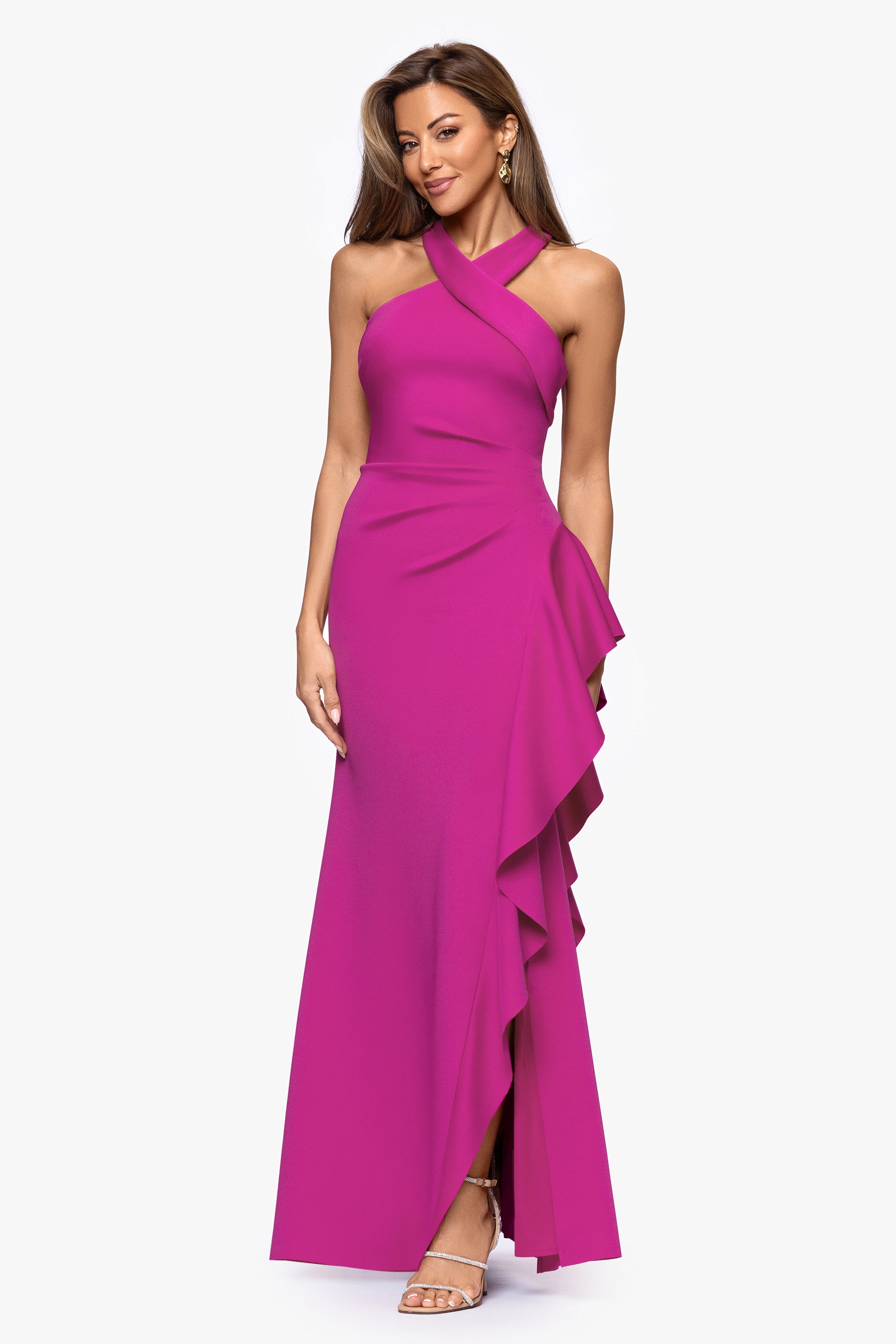 Petite "Gigi" Techno Scuba Cross Neck Ruffle Floor Length Dress