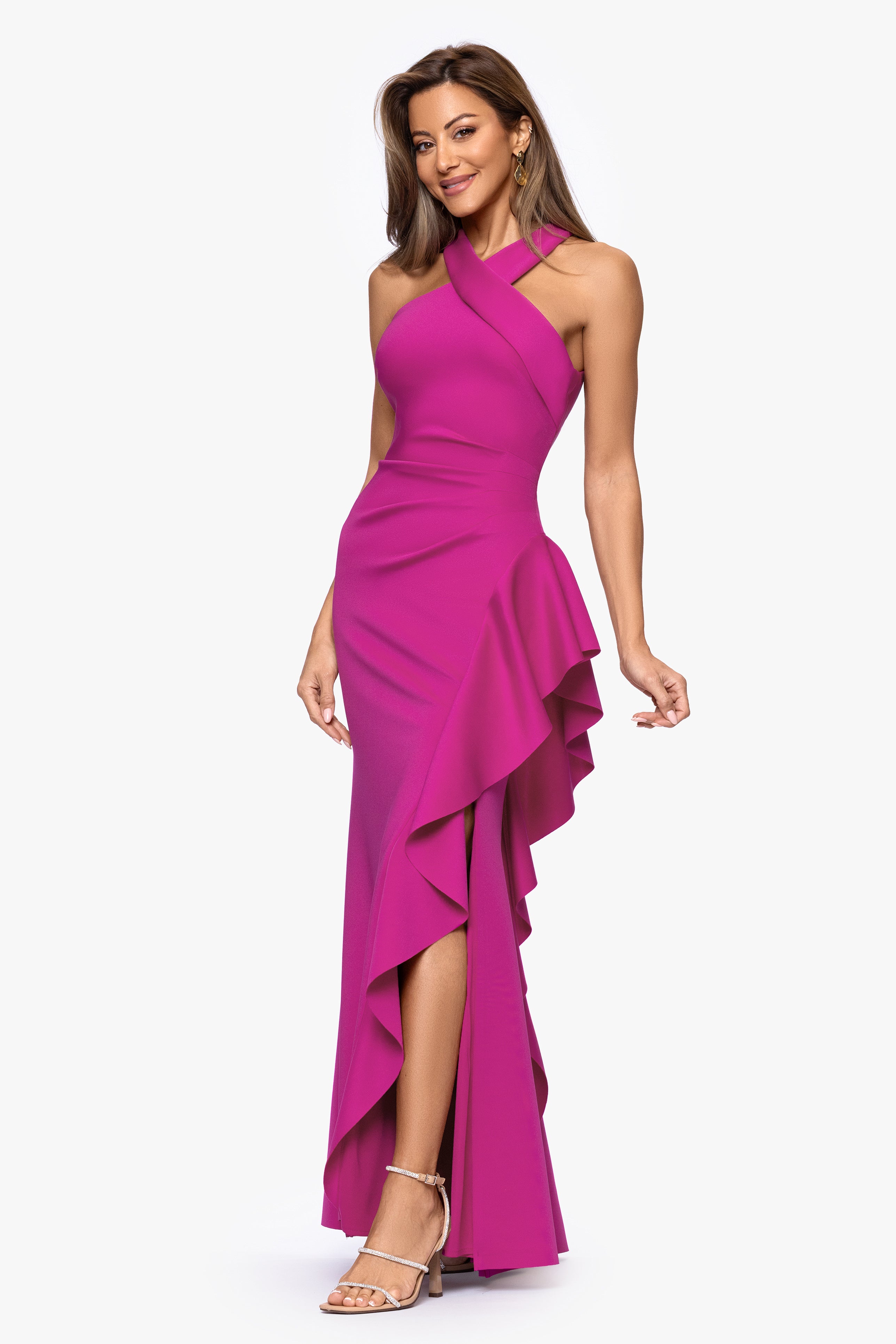 Petite "Gigi" Scuba Cross Neck Ruffle Floor Length Dress