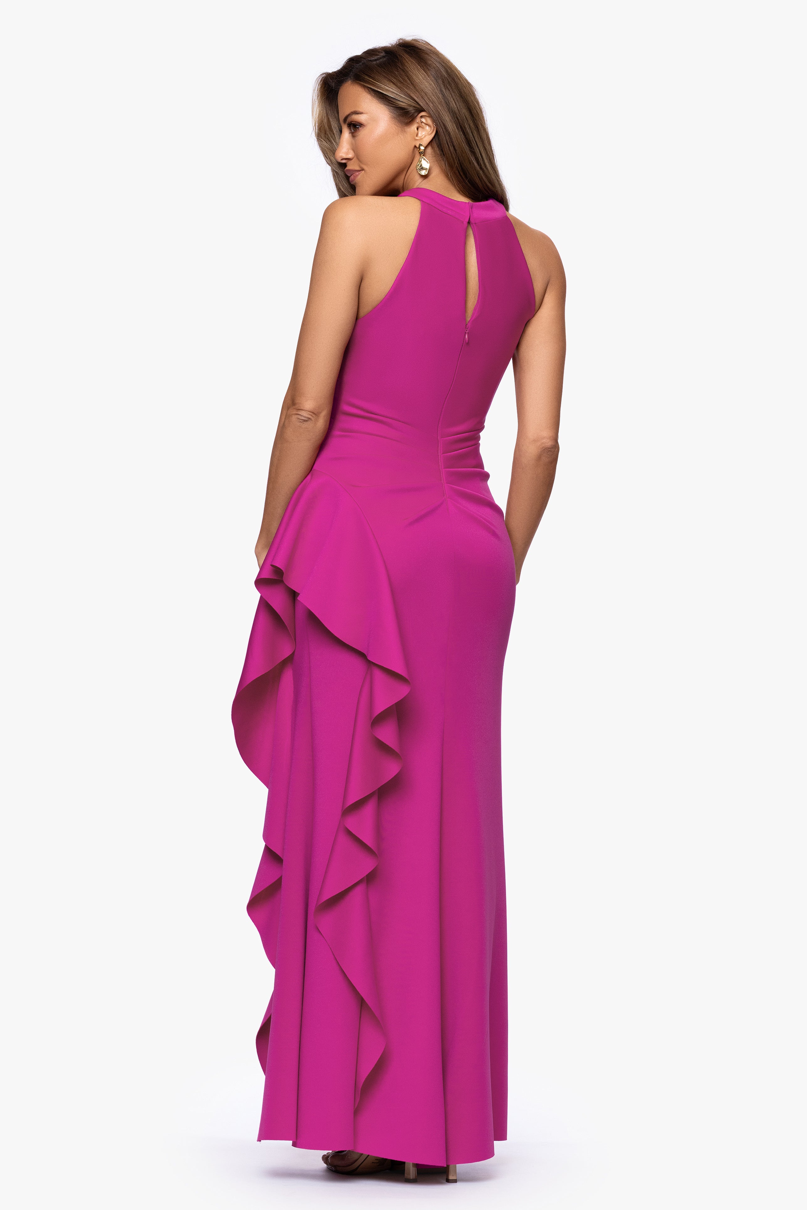 Petite "Gigi" Techno Scuba Cross Neck Ruffle Floor Length Dress