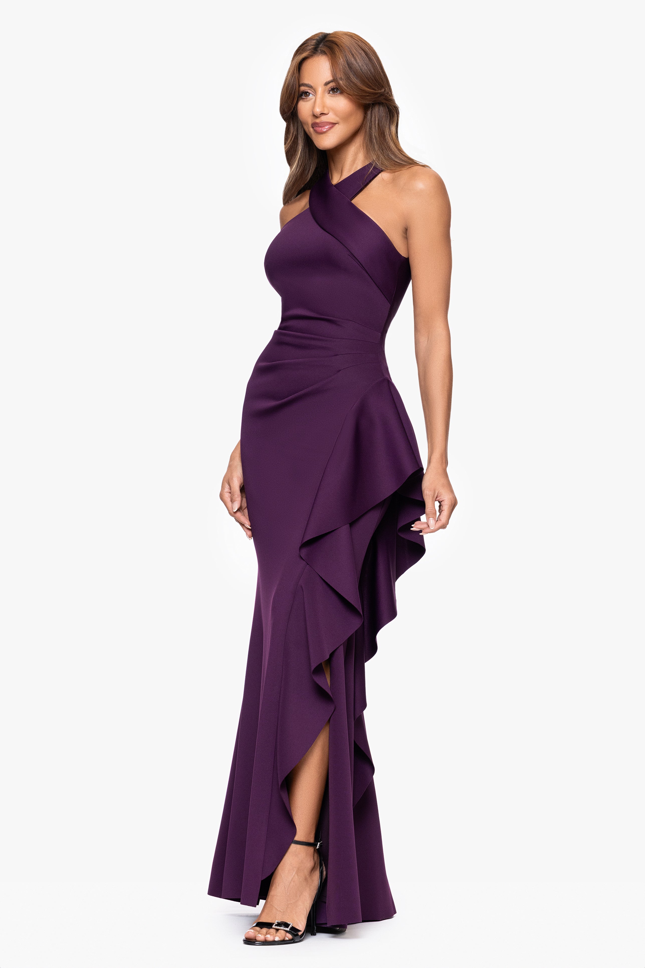 Petite "Gigi" Techno Scuba Cross Neck Ruffle Floor Length Dress