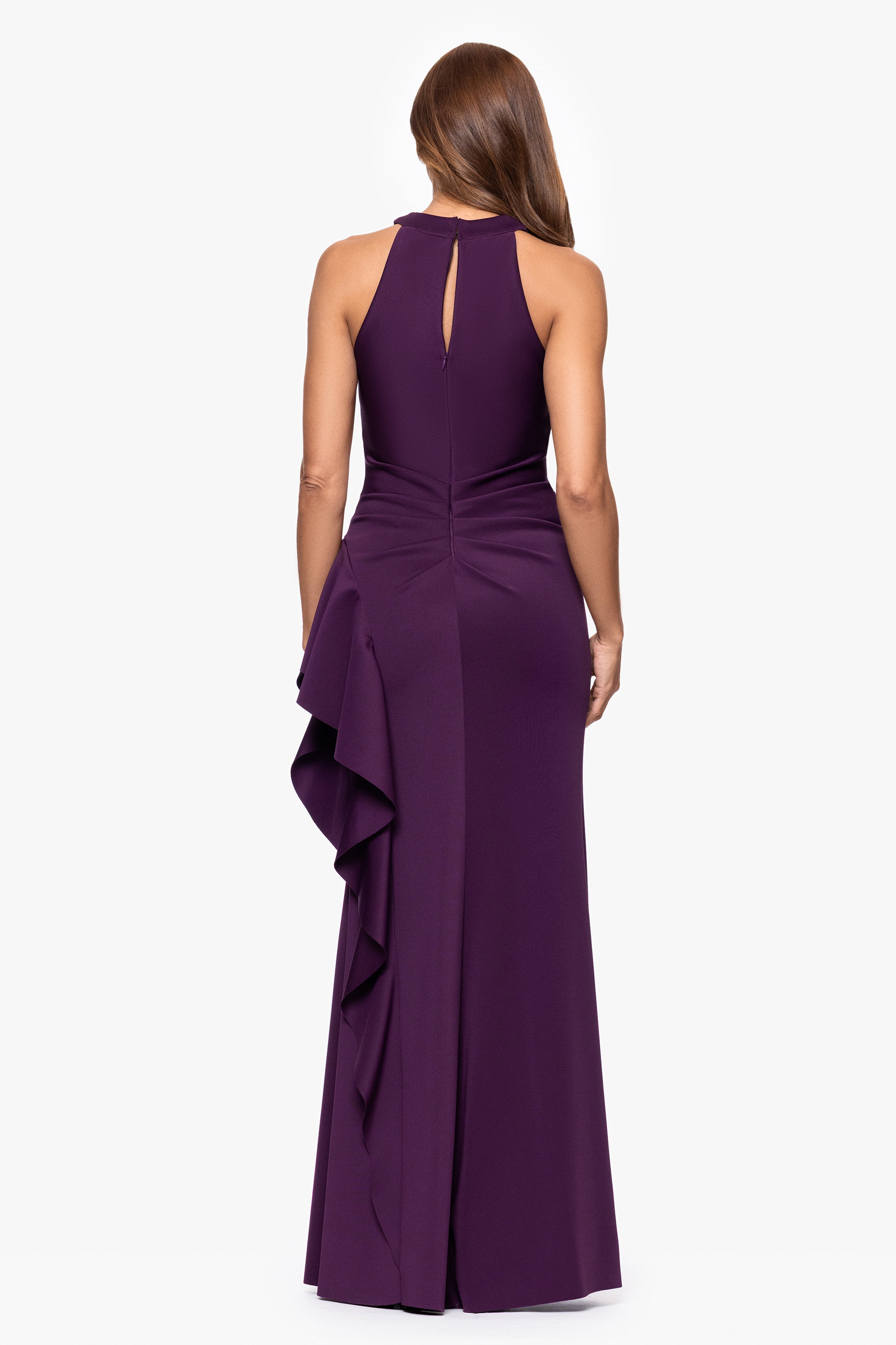 Petite "Gigi" Techno Scuba Cross Neck Ruffle Floor Length Dress