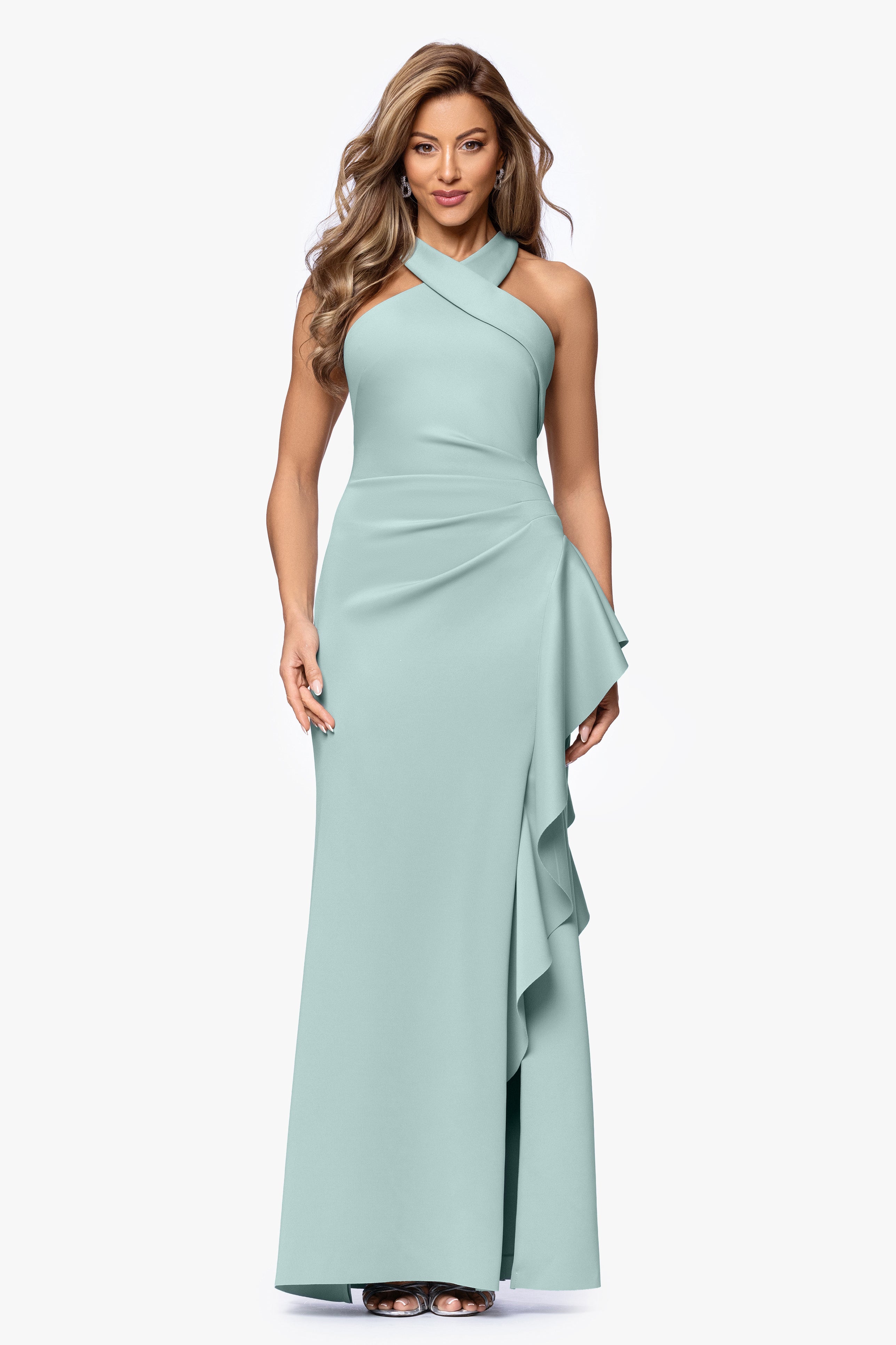 Petite "Gigi" Techno Scuba Cross Neck Ruffle Floor Length Dress