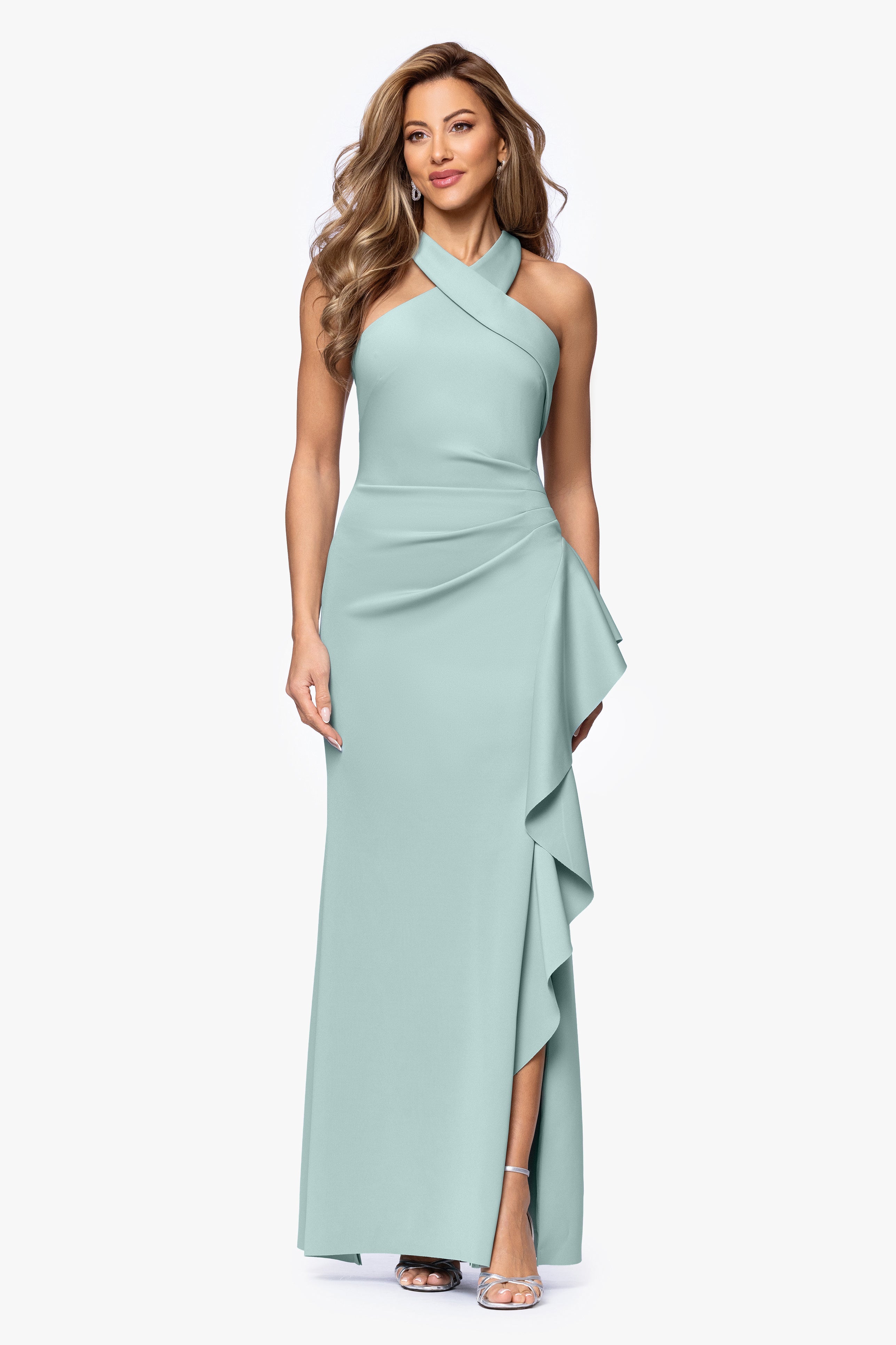 Petite "Gigi" Scuba Cross Neck Ruffle Floor Length Dress