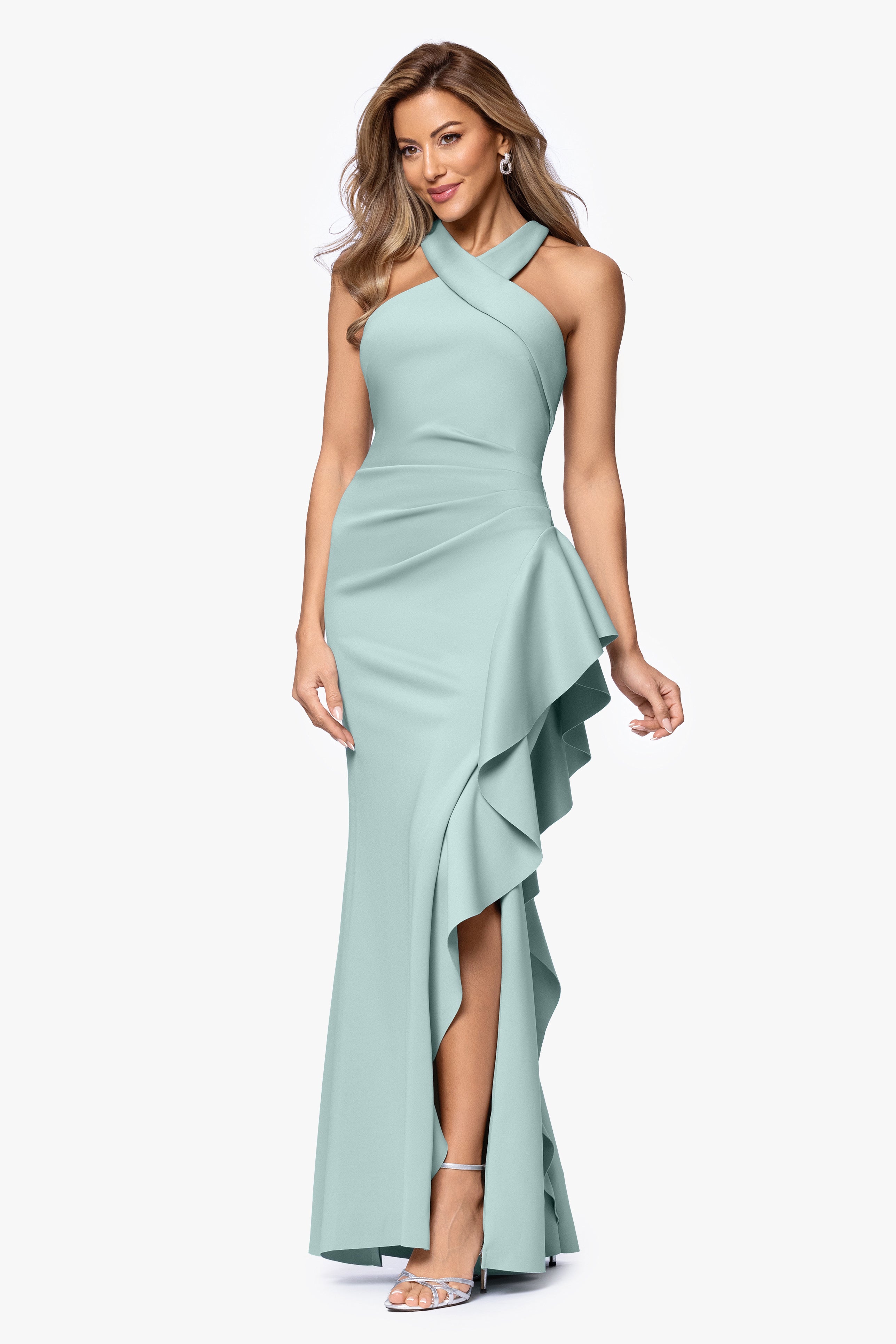 Petite "Gigi" Techno Scuba Cross Neck Ruffle Floor Length Dress