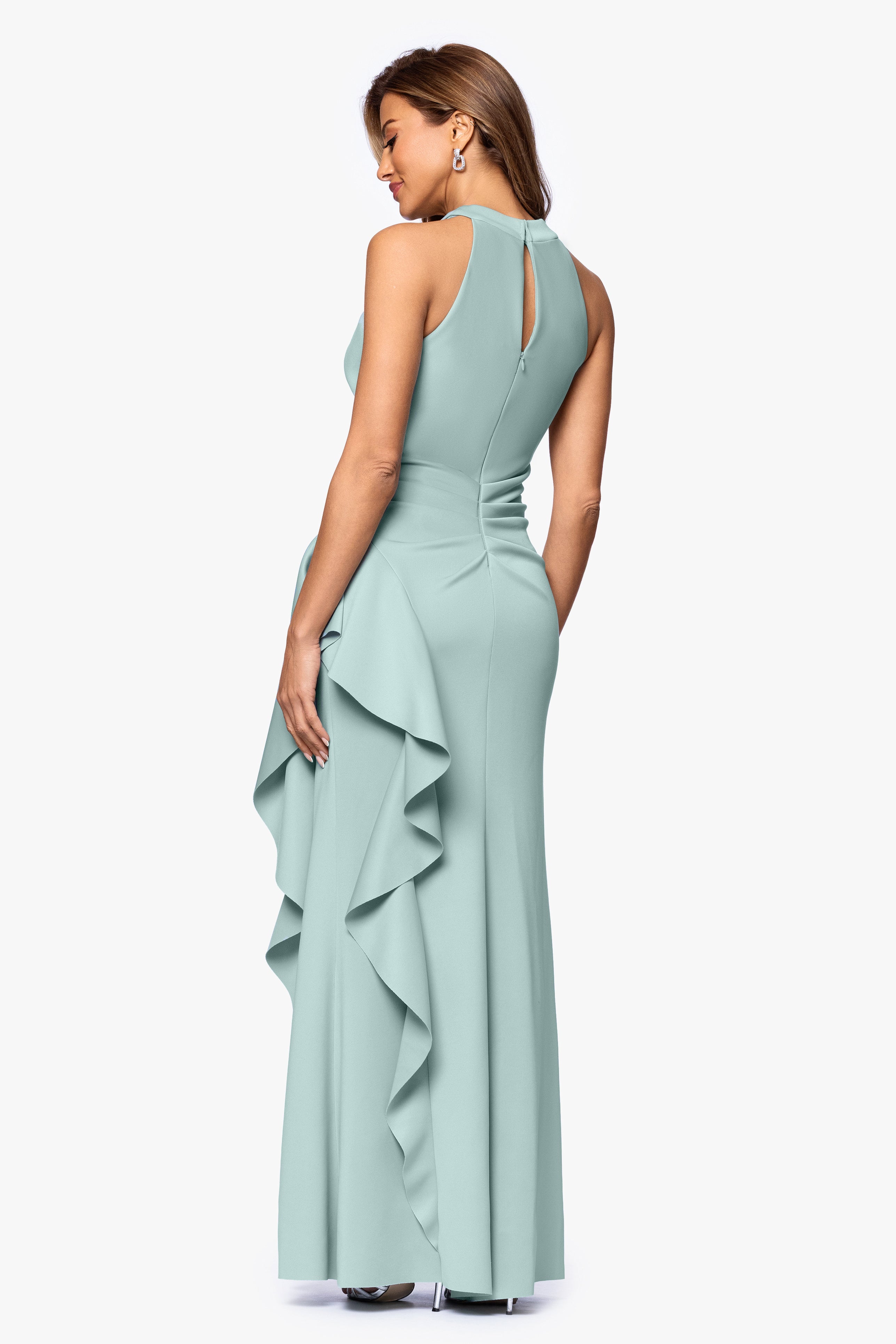 "Gigi" Techno Scuba Cross Neck Ruffle Floor Length Dress