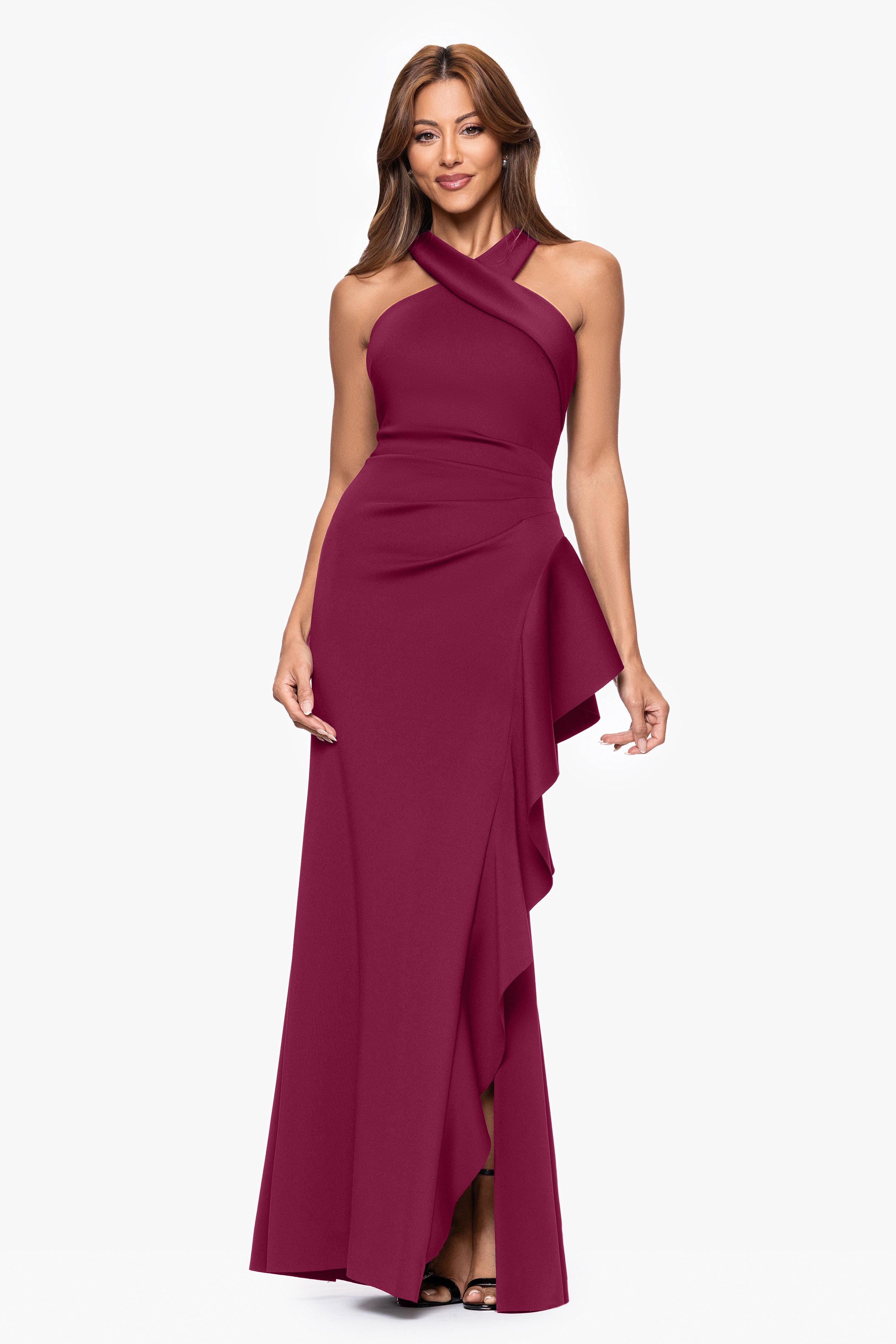"Gigi" Techno Scuba Cross Neck Ruffle Floor Length Dress