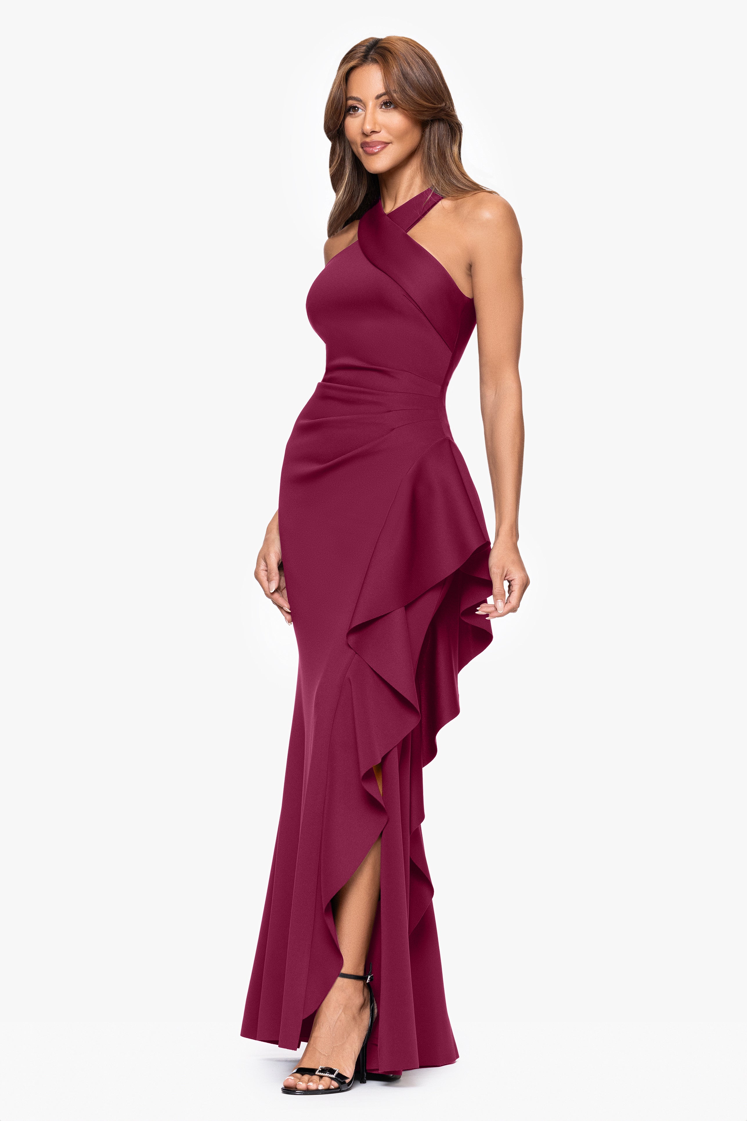 "Gigi" Techno Scuba Cross Neck Ruffle Floor Length Dress