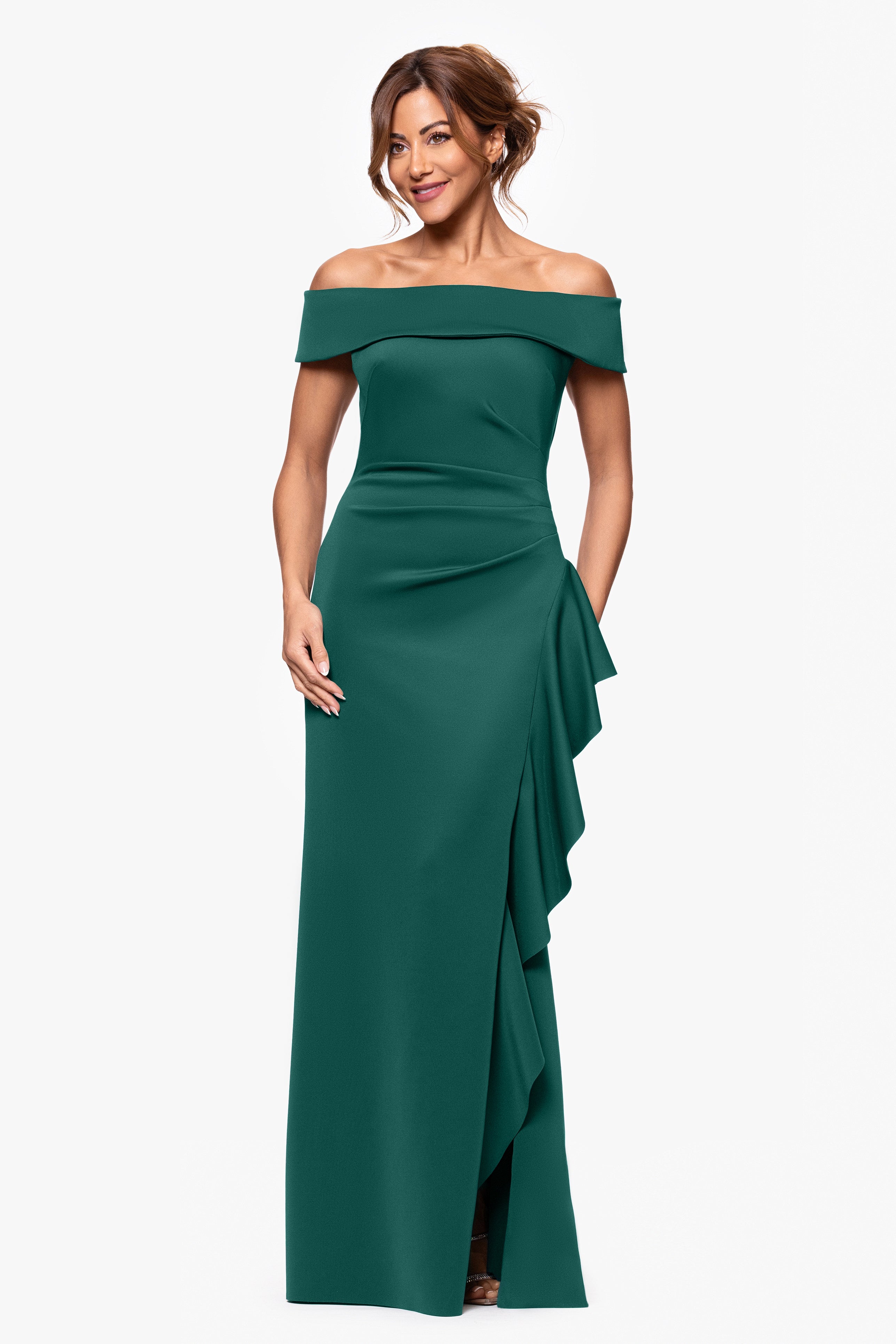 "Dolly" Techno Scuba Off the Shoulder Ruffle Floor Length Dress