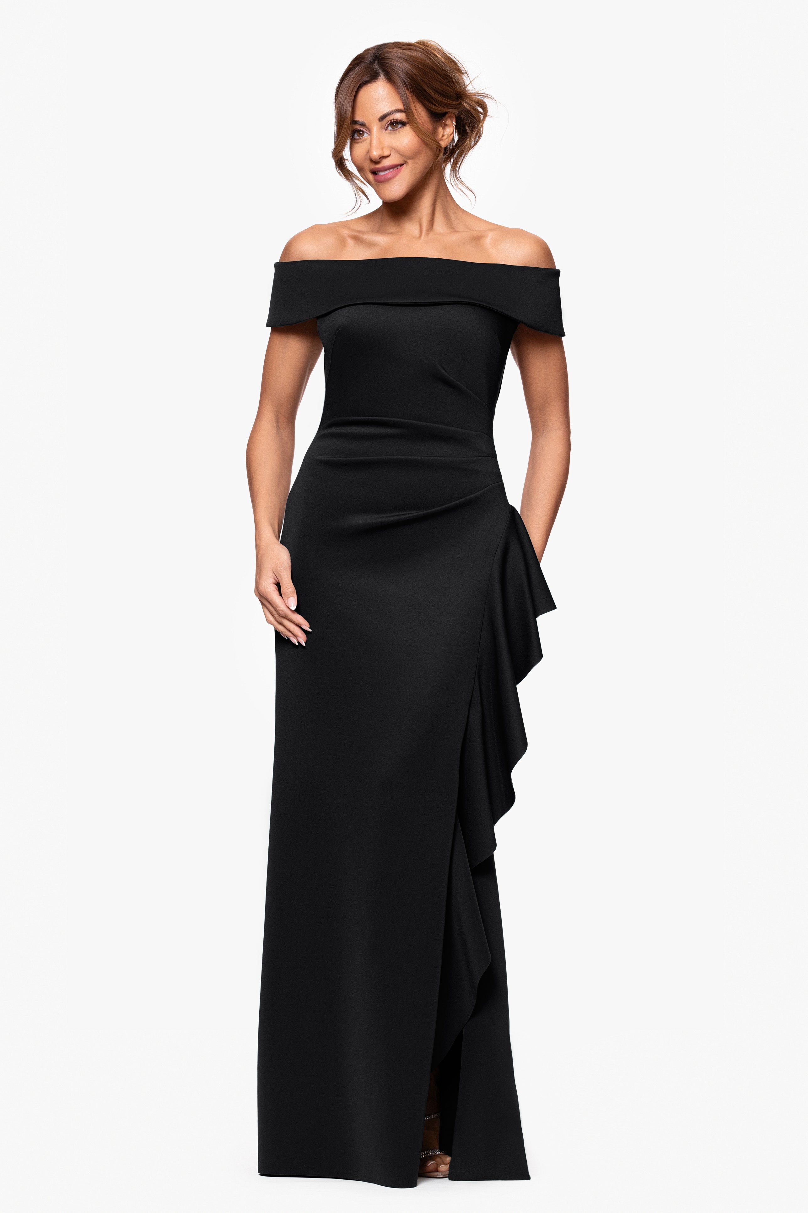Petite "Dolly" Techno Scuba Off The Shoulder Ruffle Dress