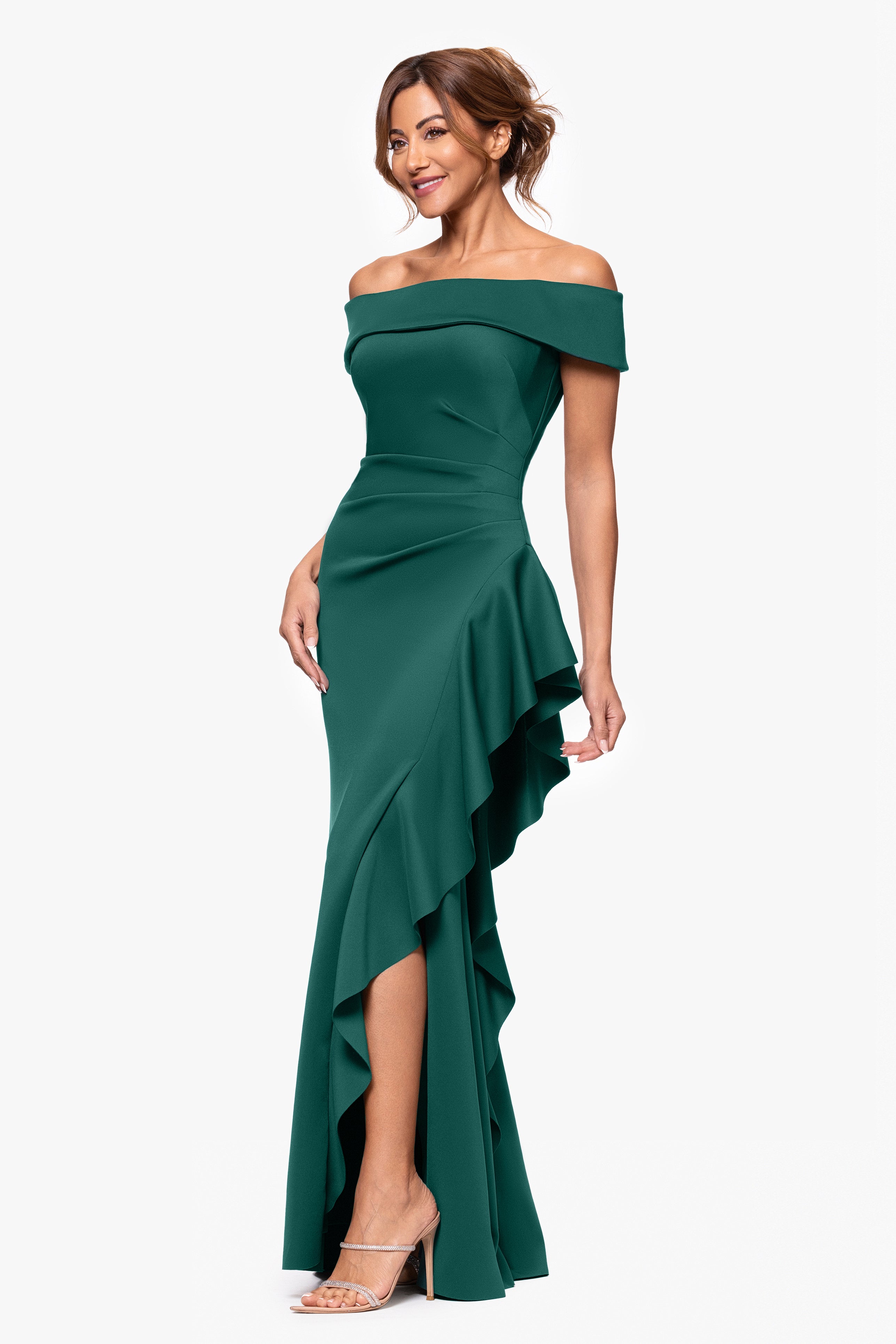 "Dolly" Techno Scuba Off the Shoulder Ruffle Floor Length Dress