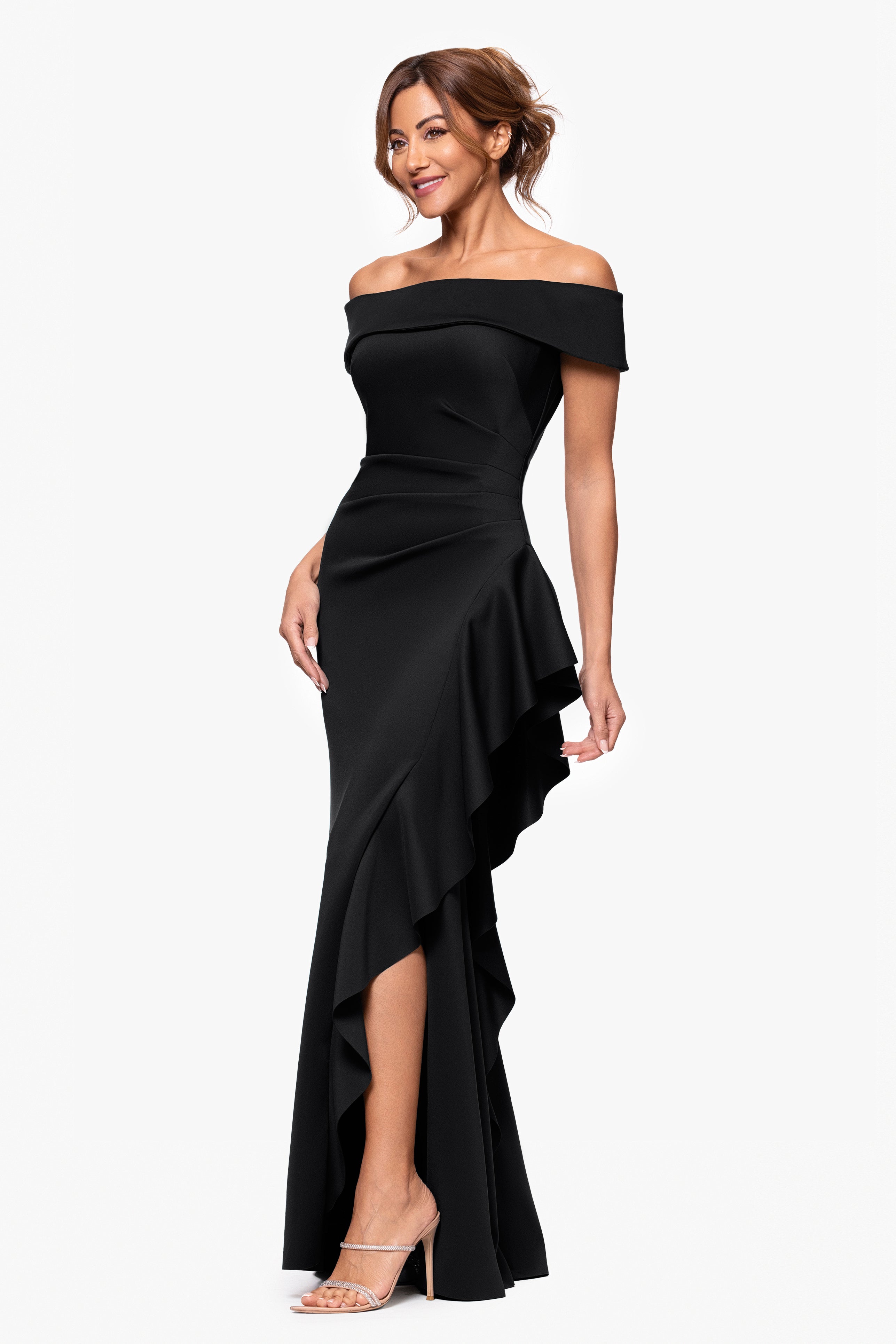 "Dolly" Techno Scuba Off the Shoulder Ruffle Floor Length Dress