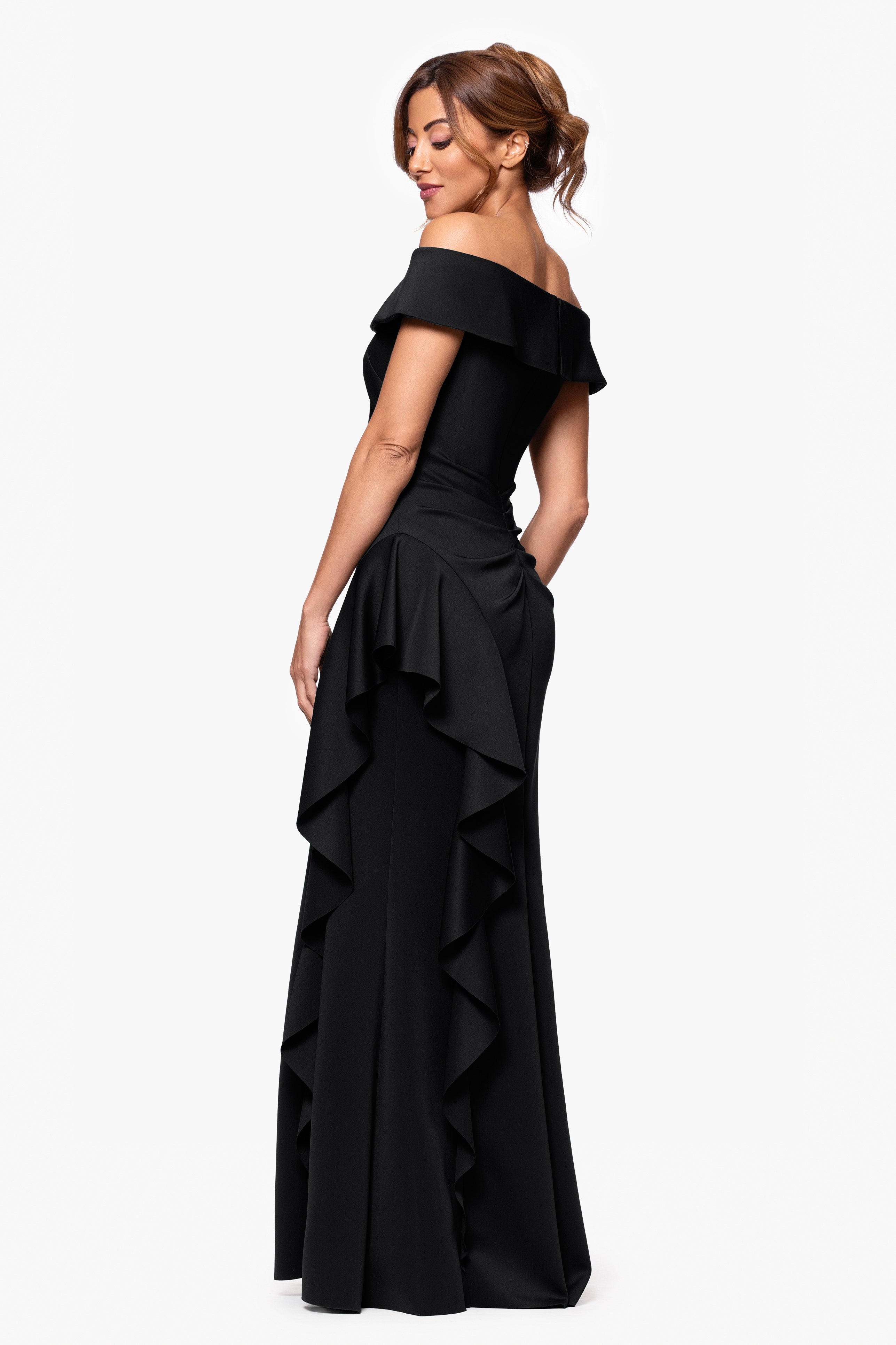 Petite "Dolly" Techno Scuba Off the Shoulder Ruffle Floor Length Dress