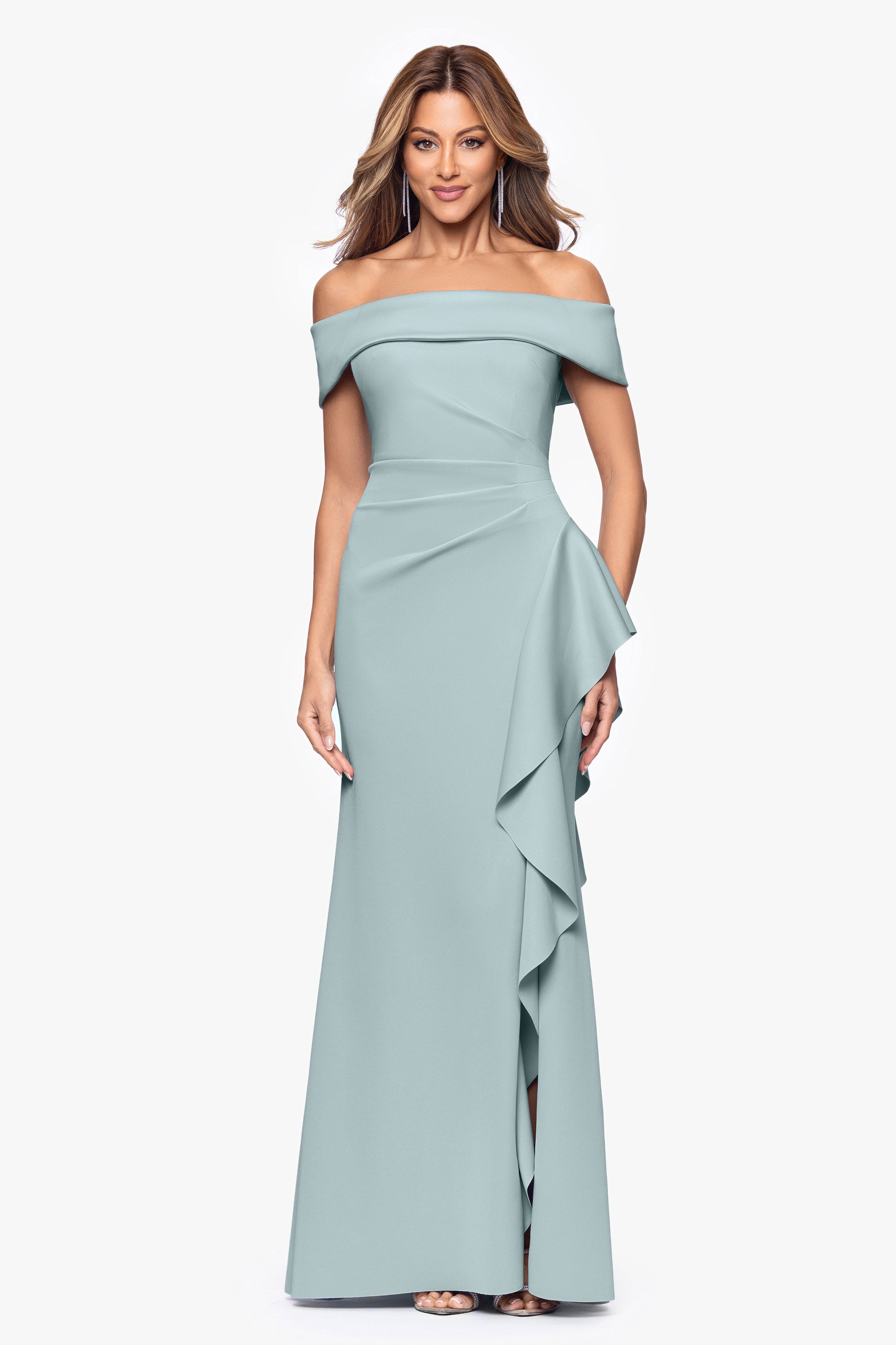 "Dolly" Techno Scuba Off the Shoulder Ruffle Floor Length Dress